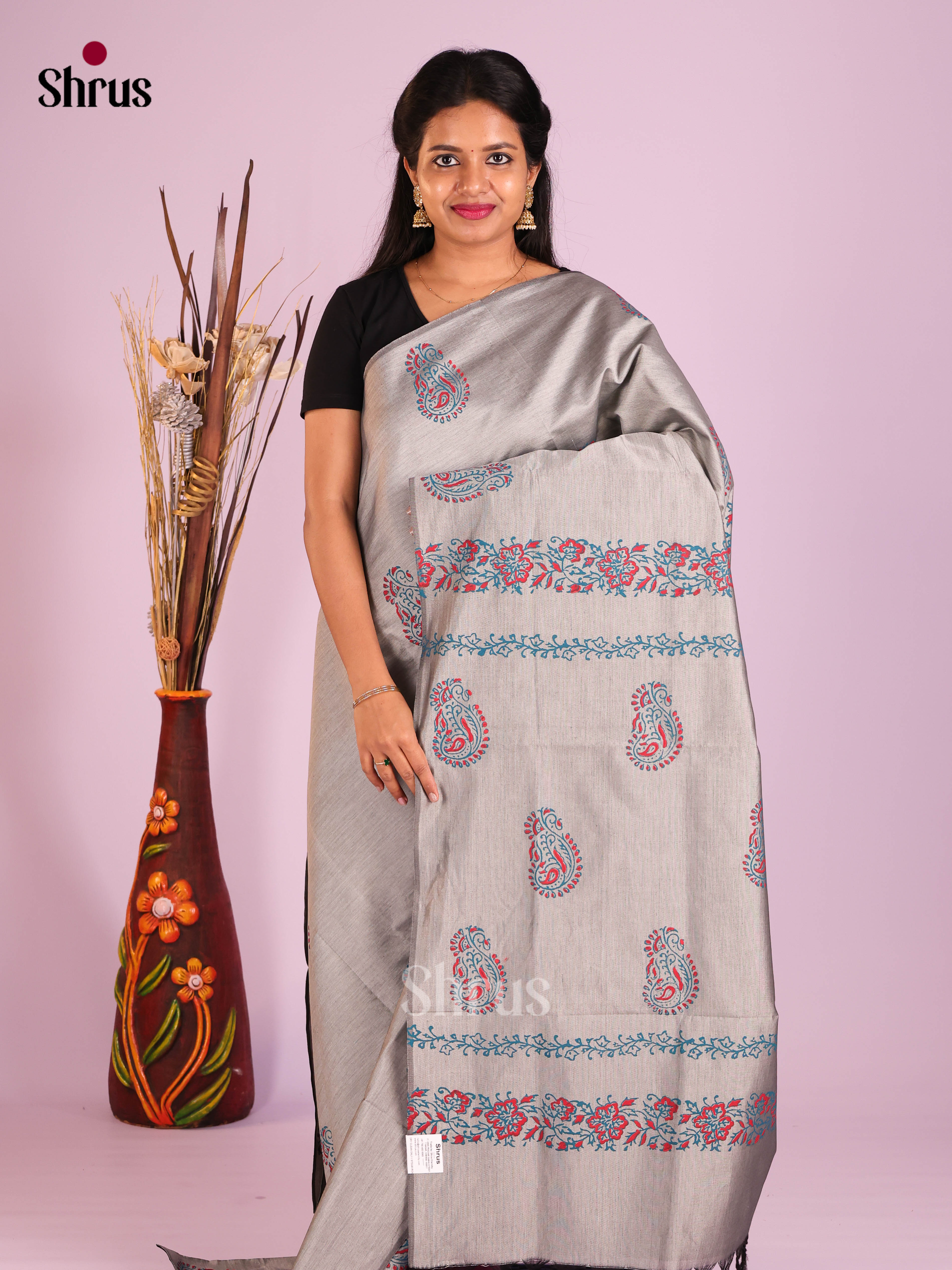 Grey & Blue - Semi Silkcotton print Saree