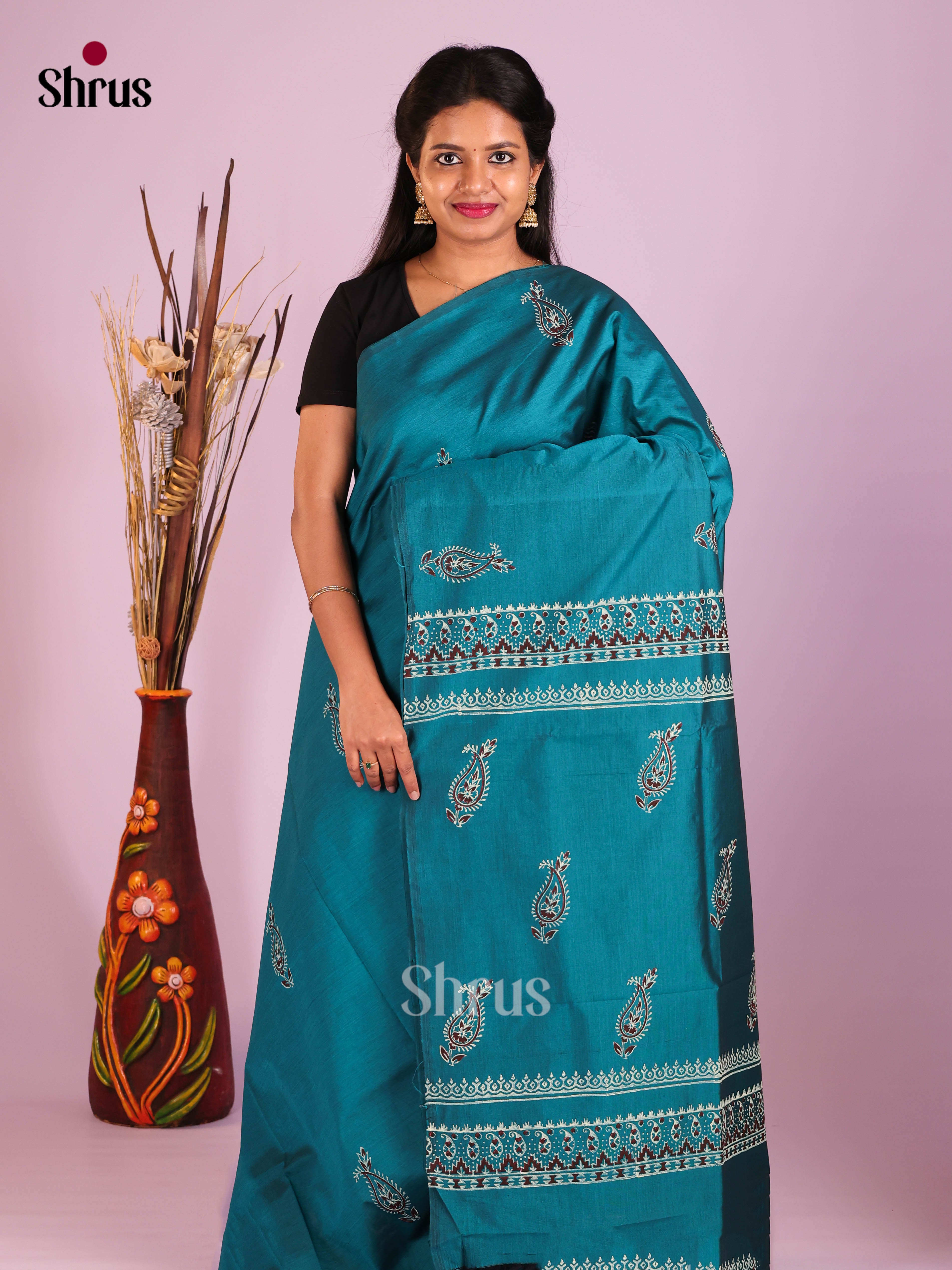 Blue & Peach - Semi Silkcotton print Saree