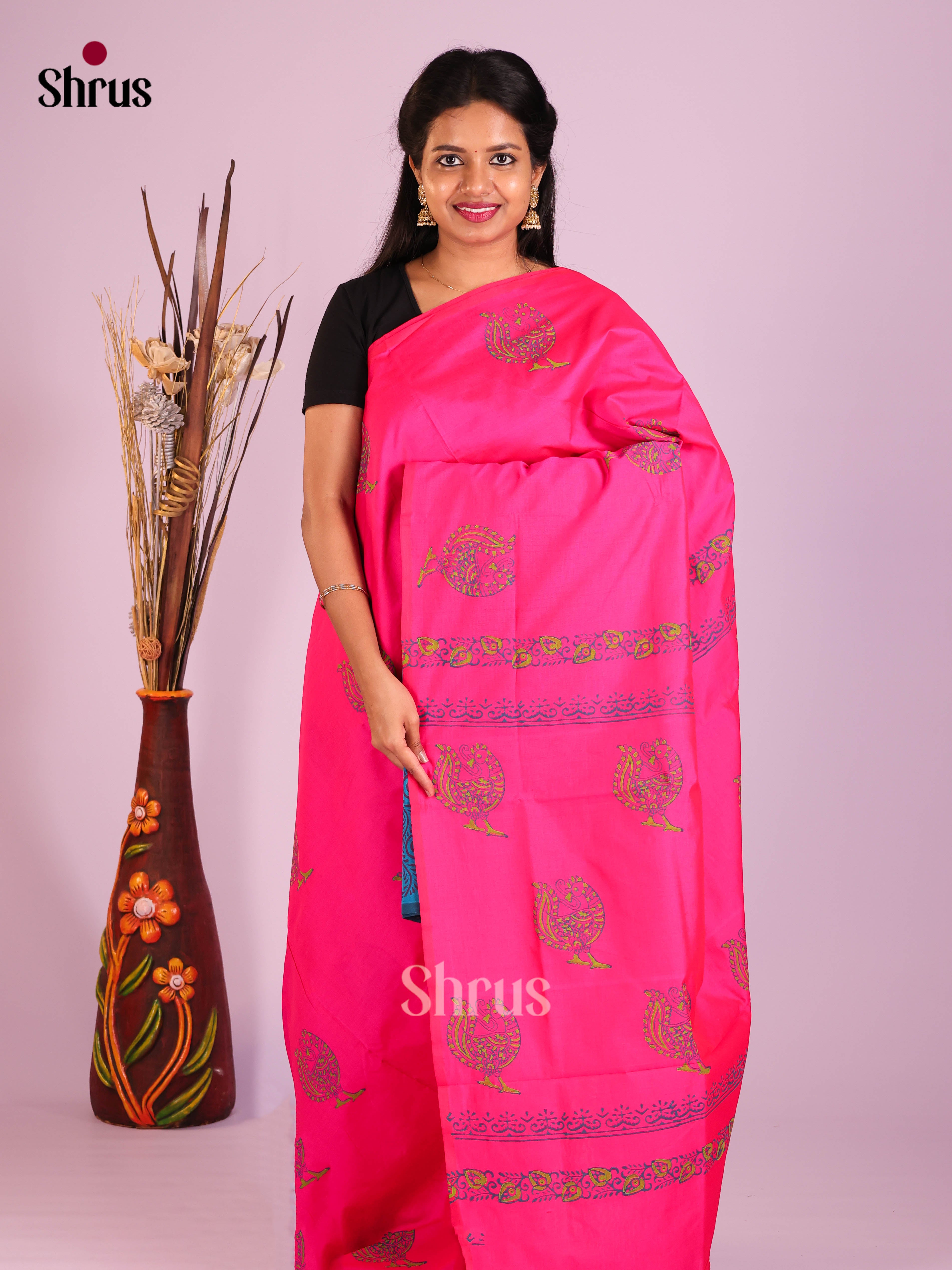 Pink & Blue - Semi Silkcotton print Saree