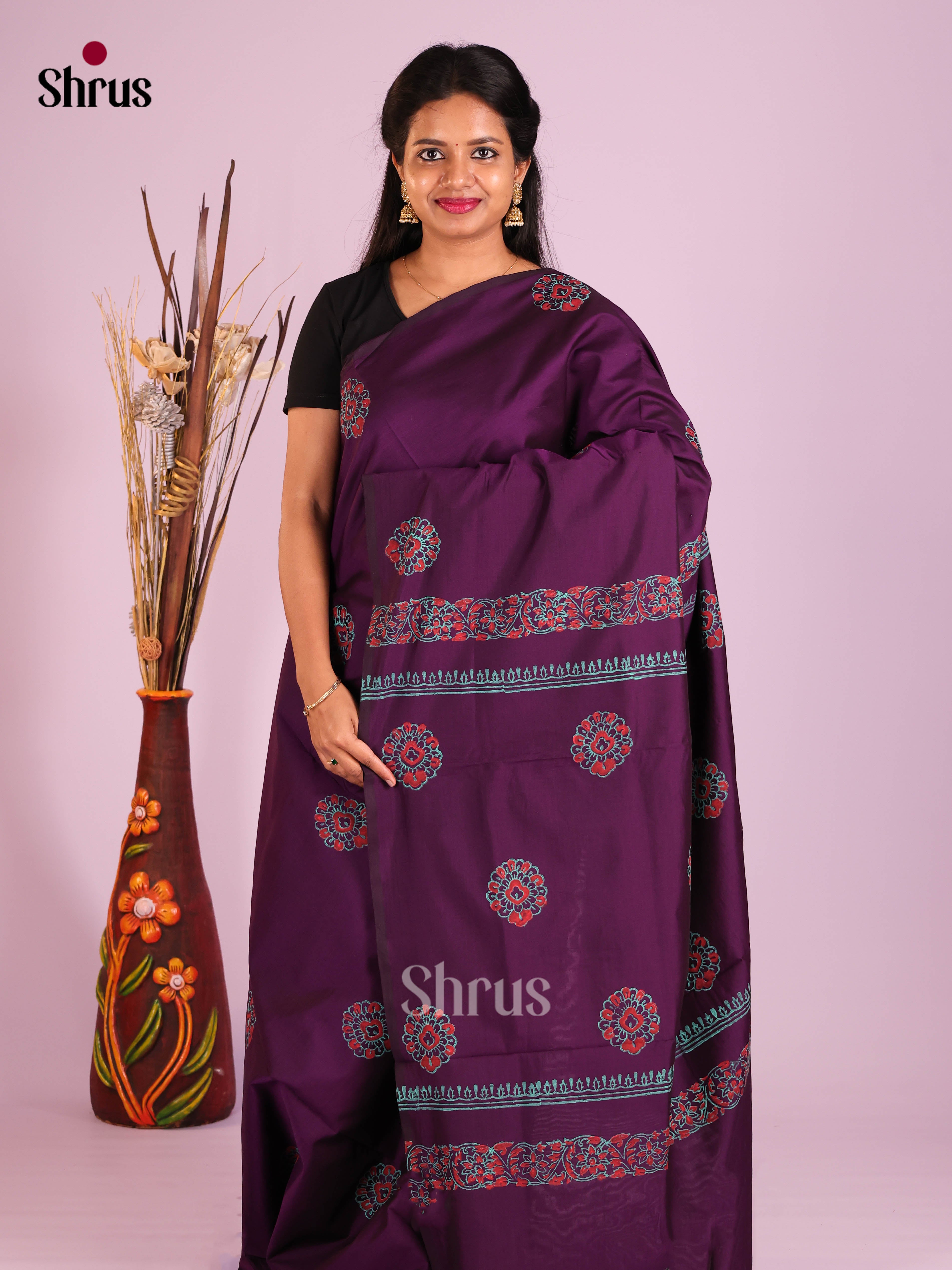 Violet & Teal Green - Semi Silkcotton print Saree