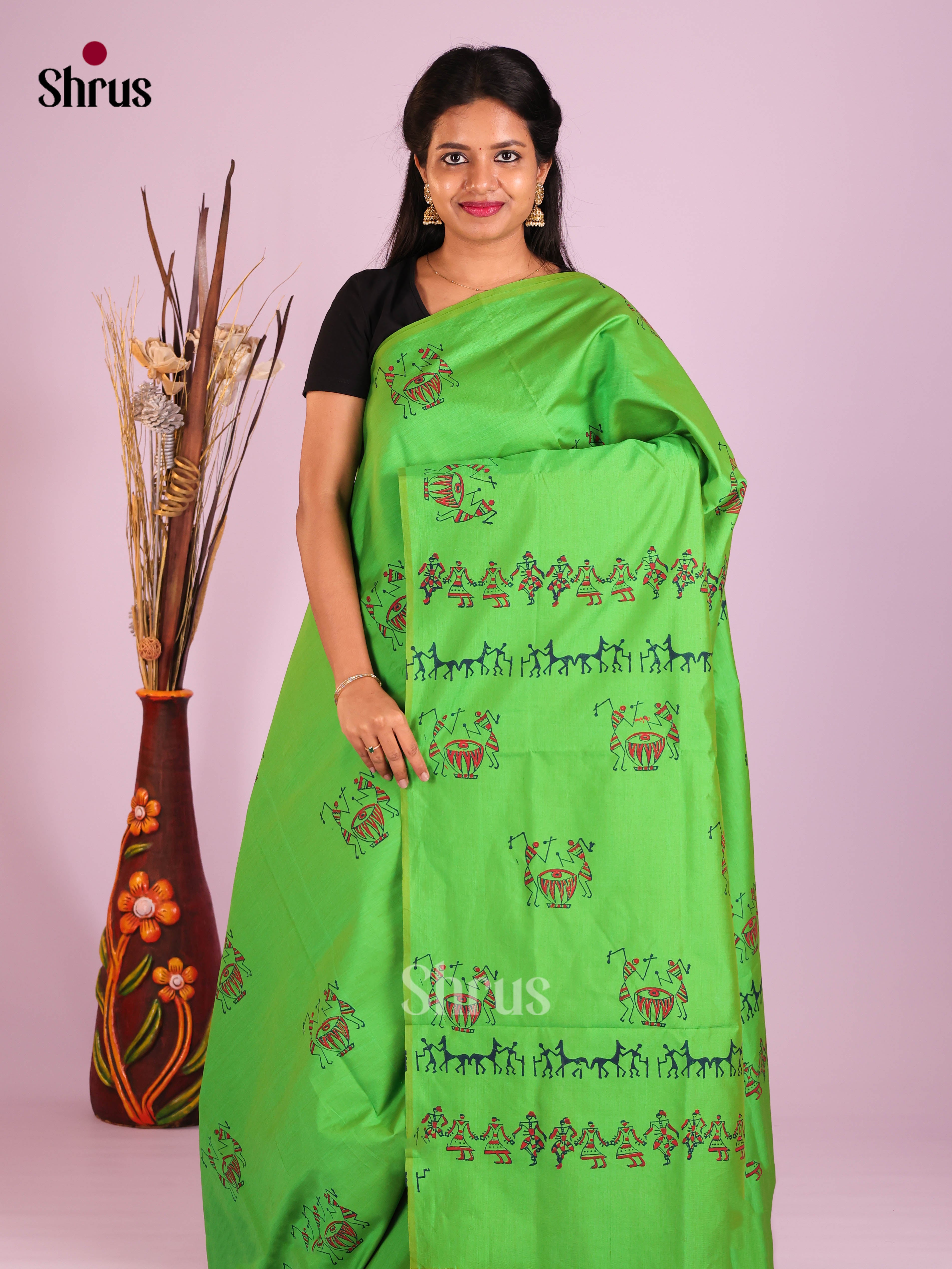 Green & Blue - Semi Silkcotton print Saree