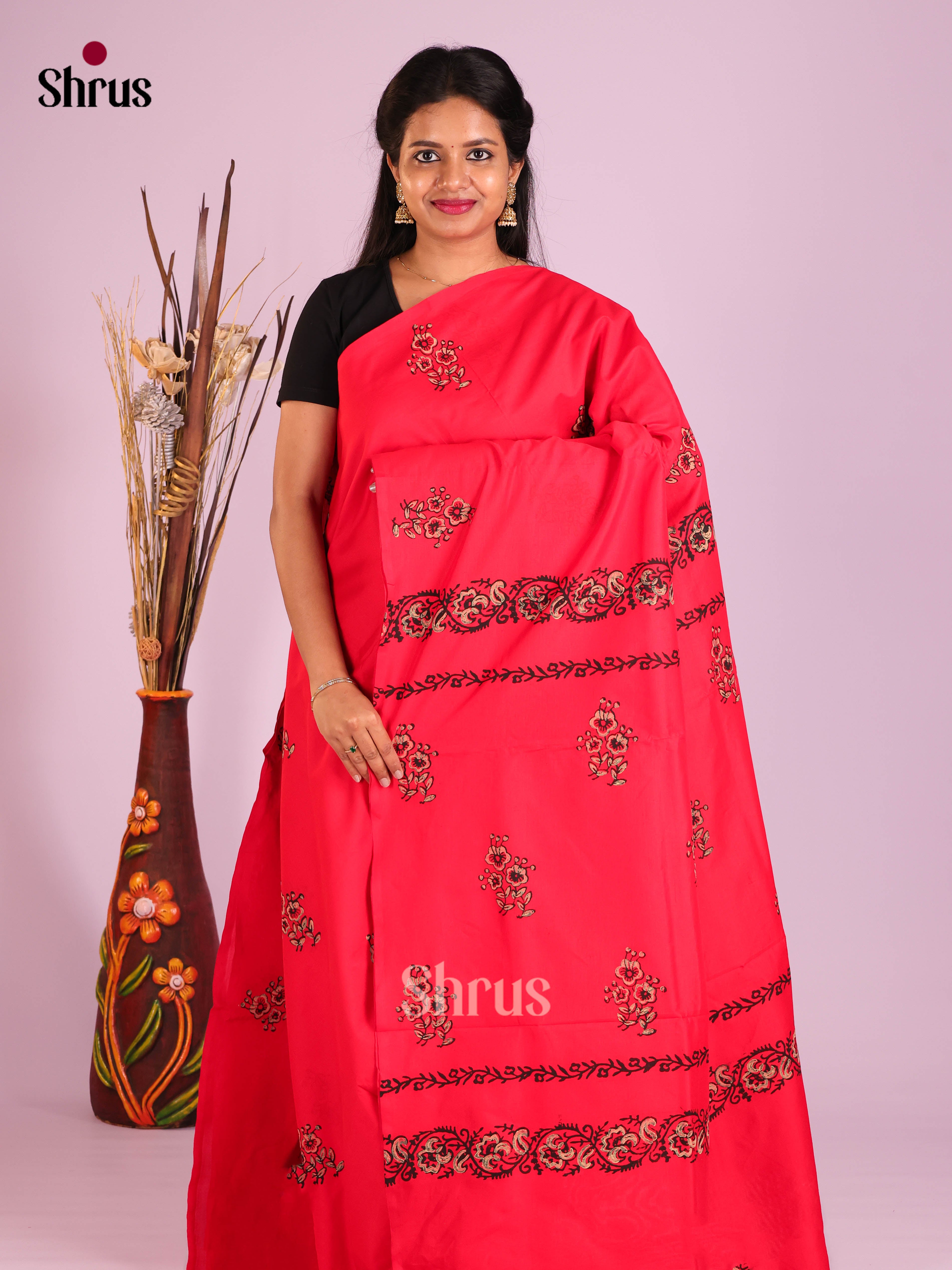 Red & Grey - Semi Silkcotton print Saree