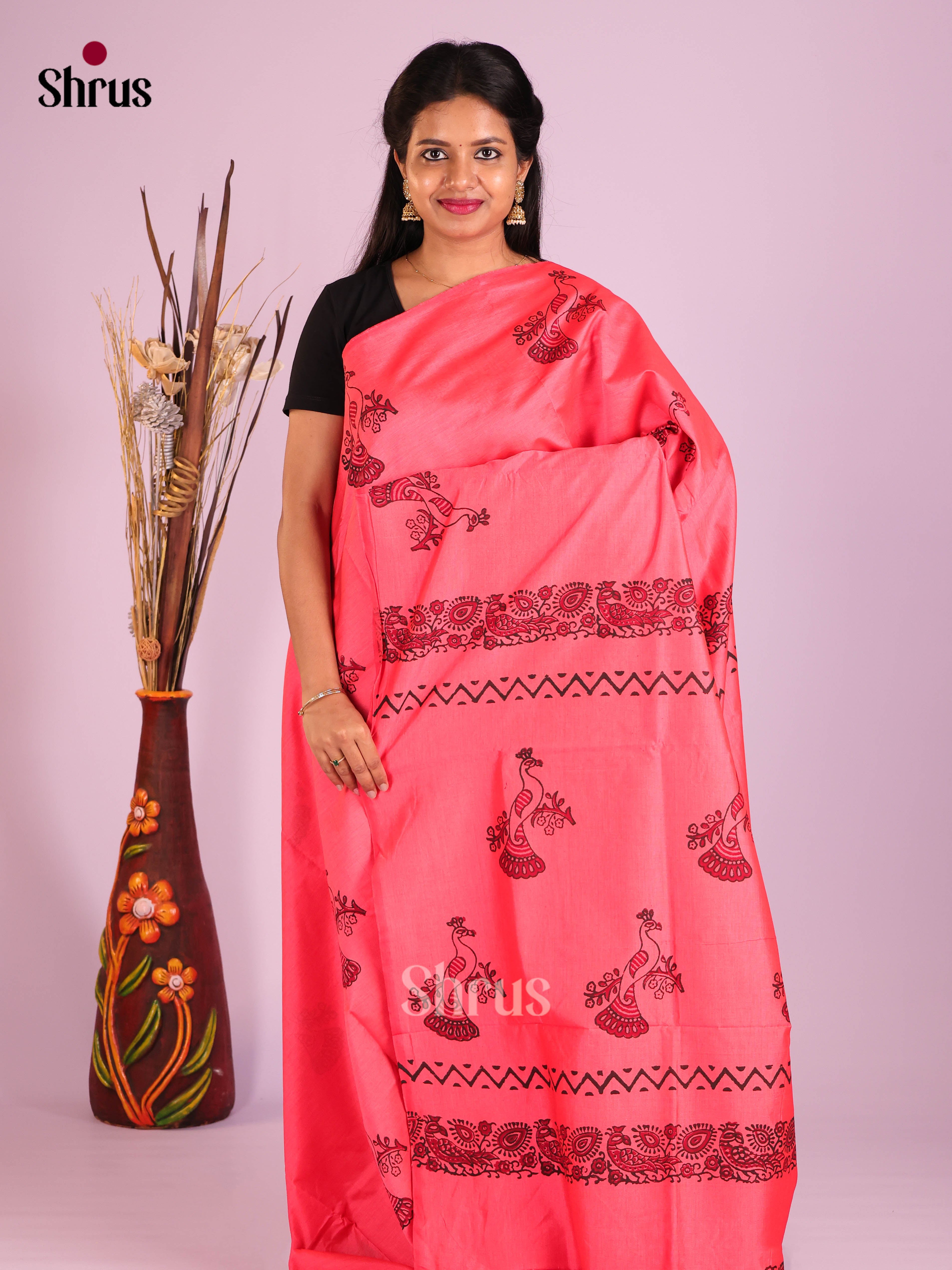 Pink & Grey- Semi Silkcotton print Saree