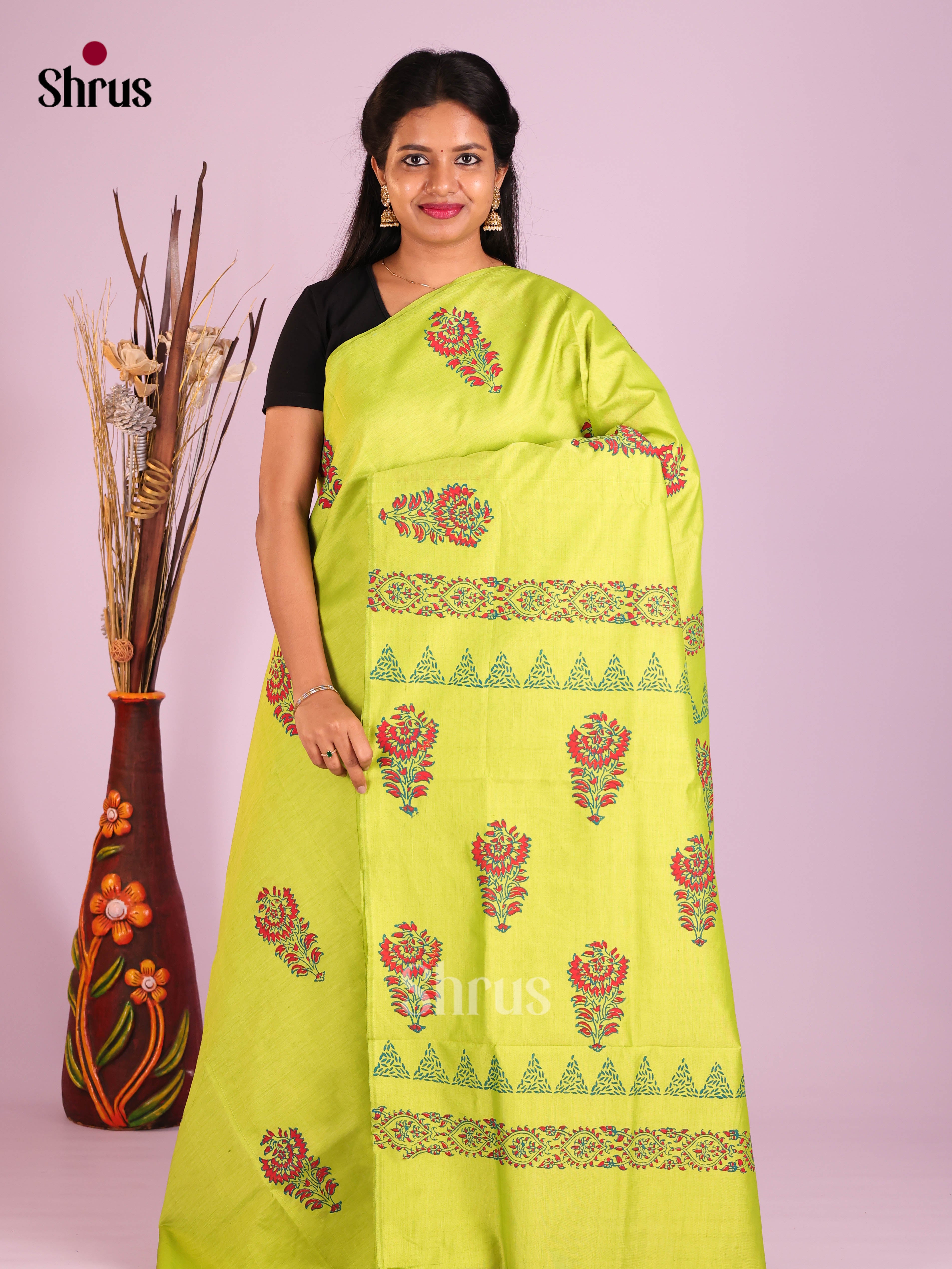 Light Green & Teal- Semi Silkcotton print Saree