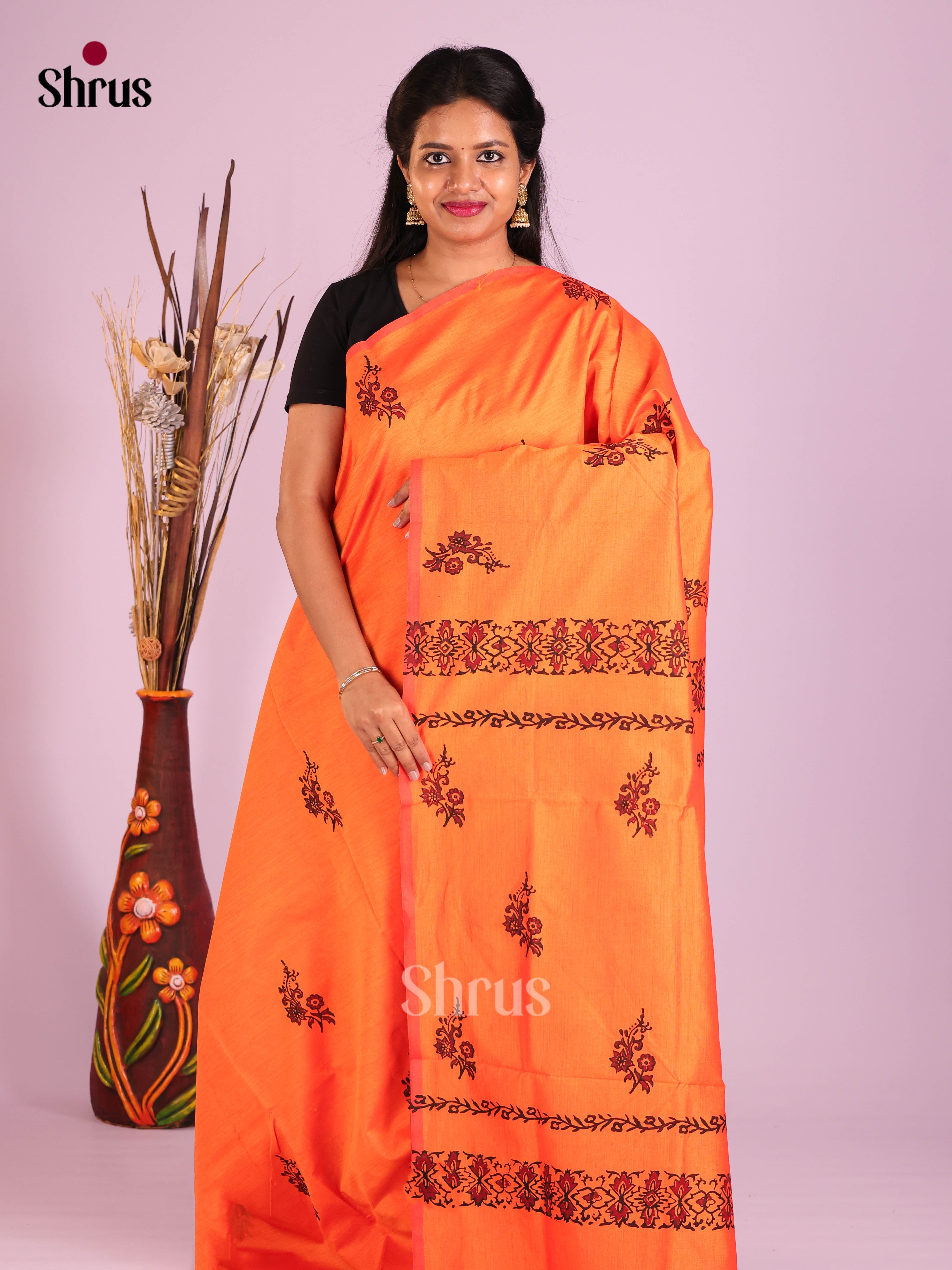 Orange & Grey - Semi Silkcotton print Saree