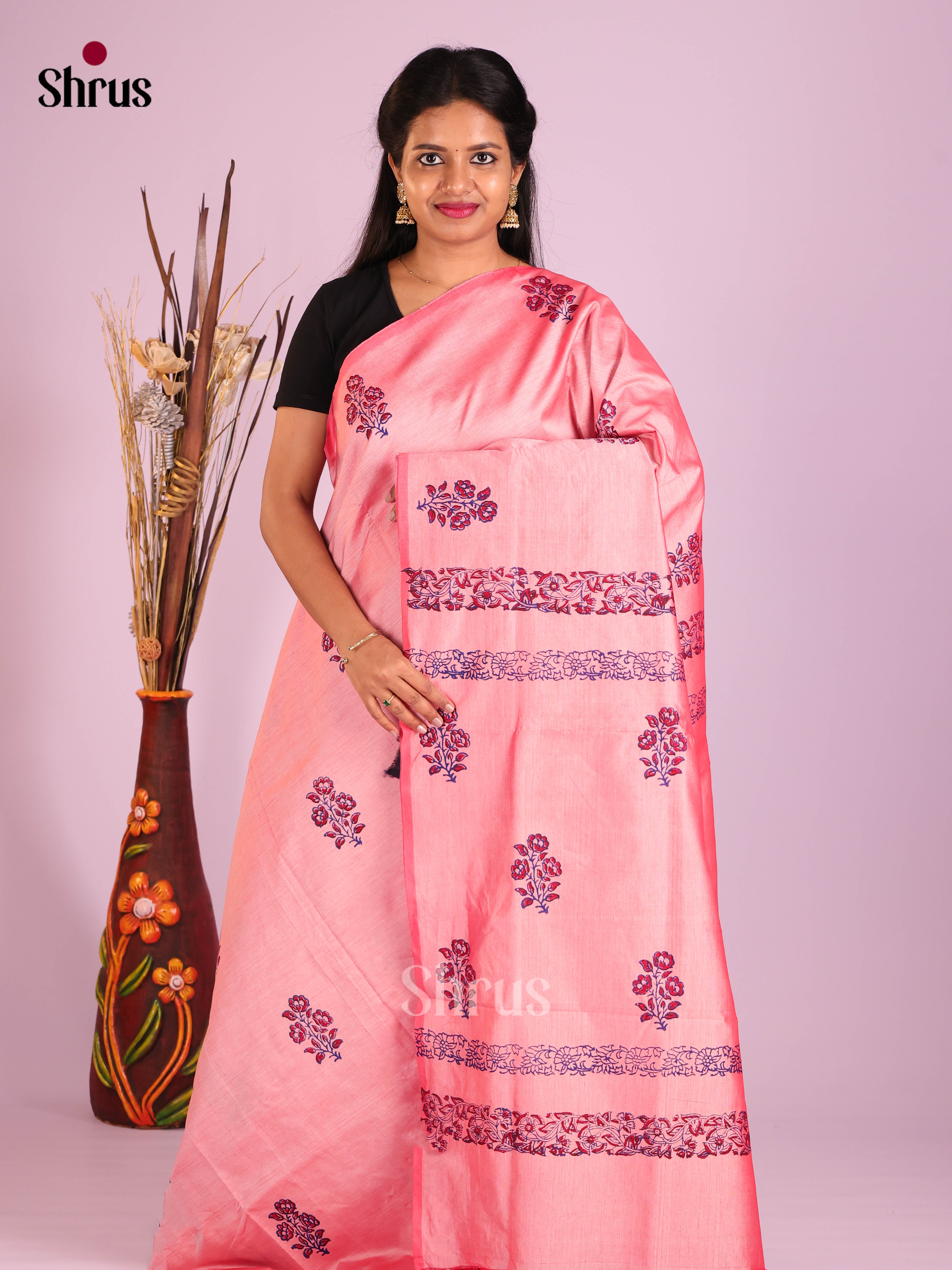 Pink & Violet - Semi Silkcotton print Saree - Shop on Shrus.com