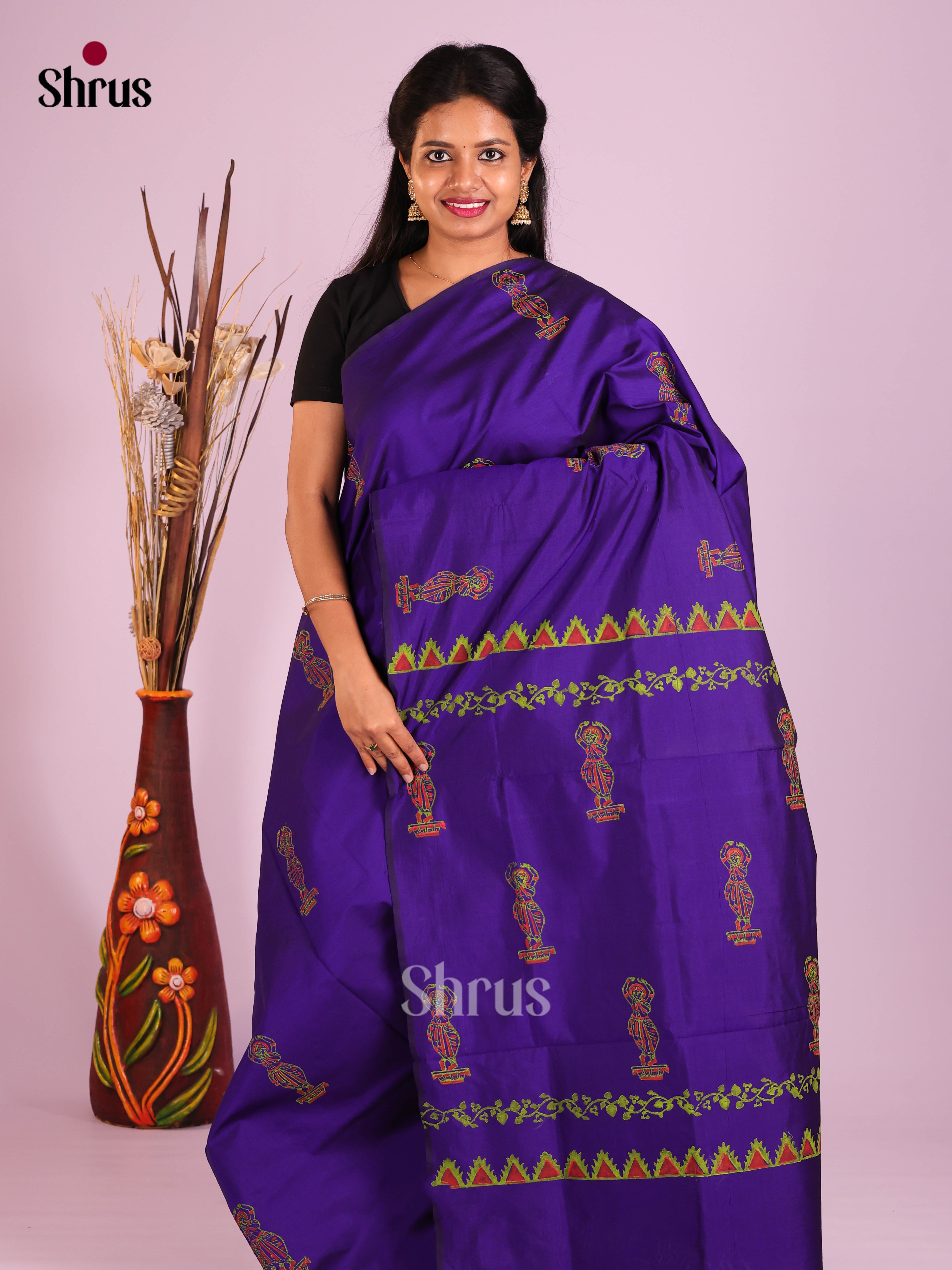 Blue & Yellow - Semi Silkcotton print Saree