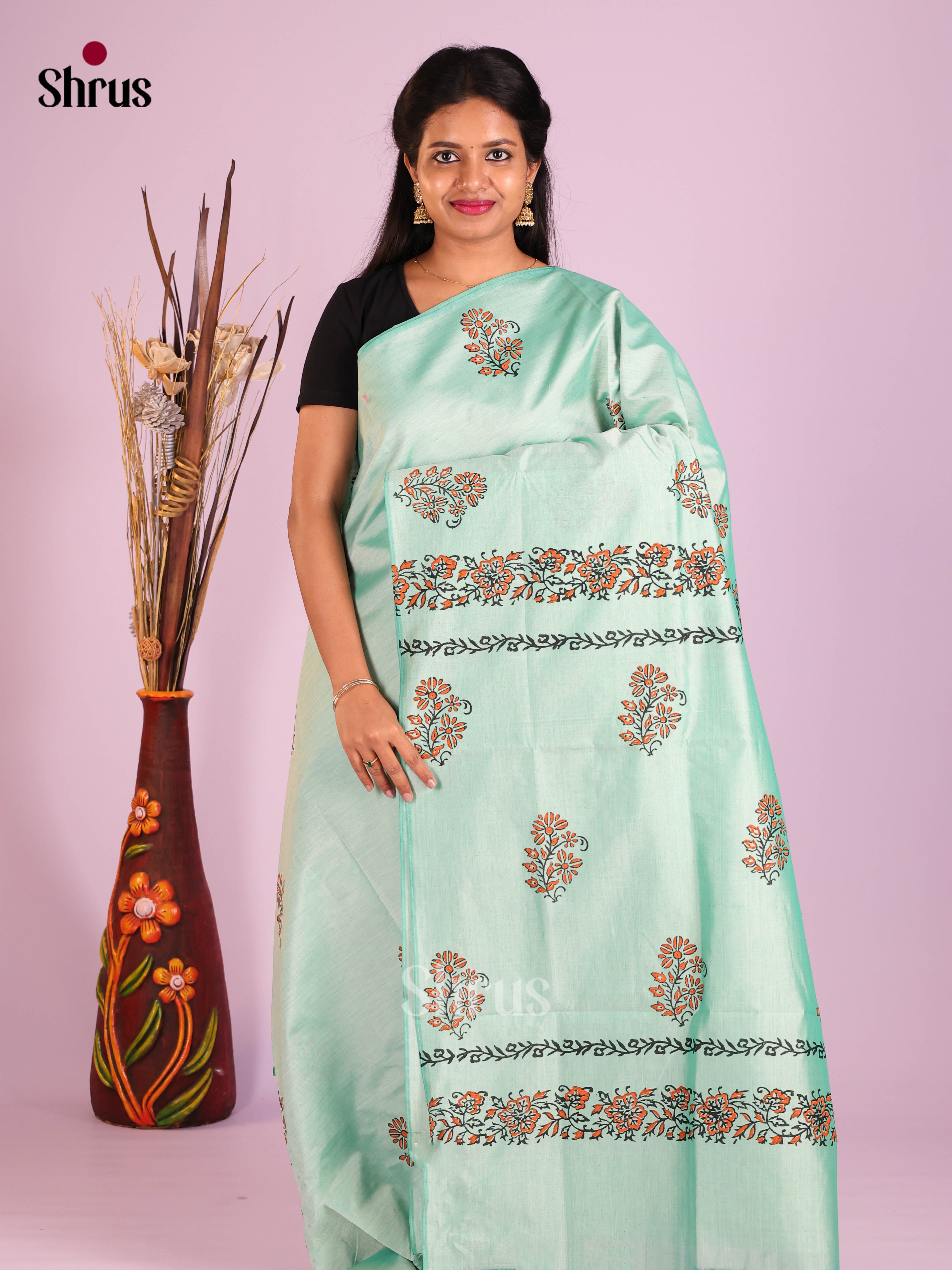 Pastel Green & Red - Semi Silkcotton print Saree