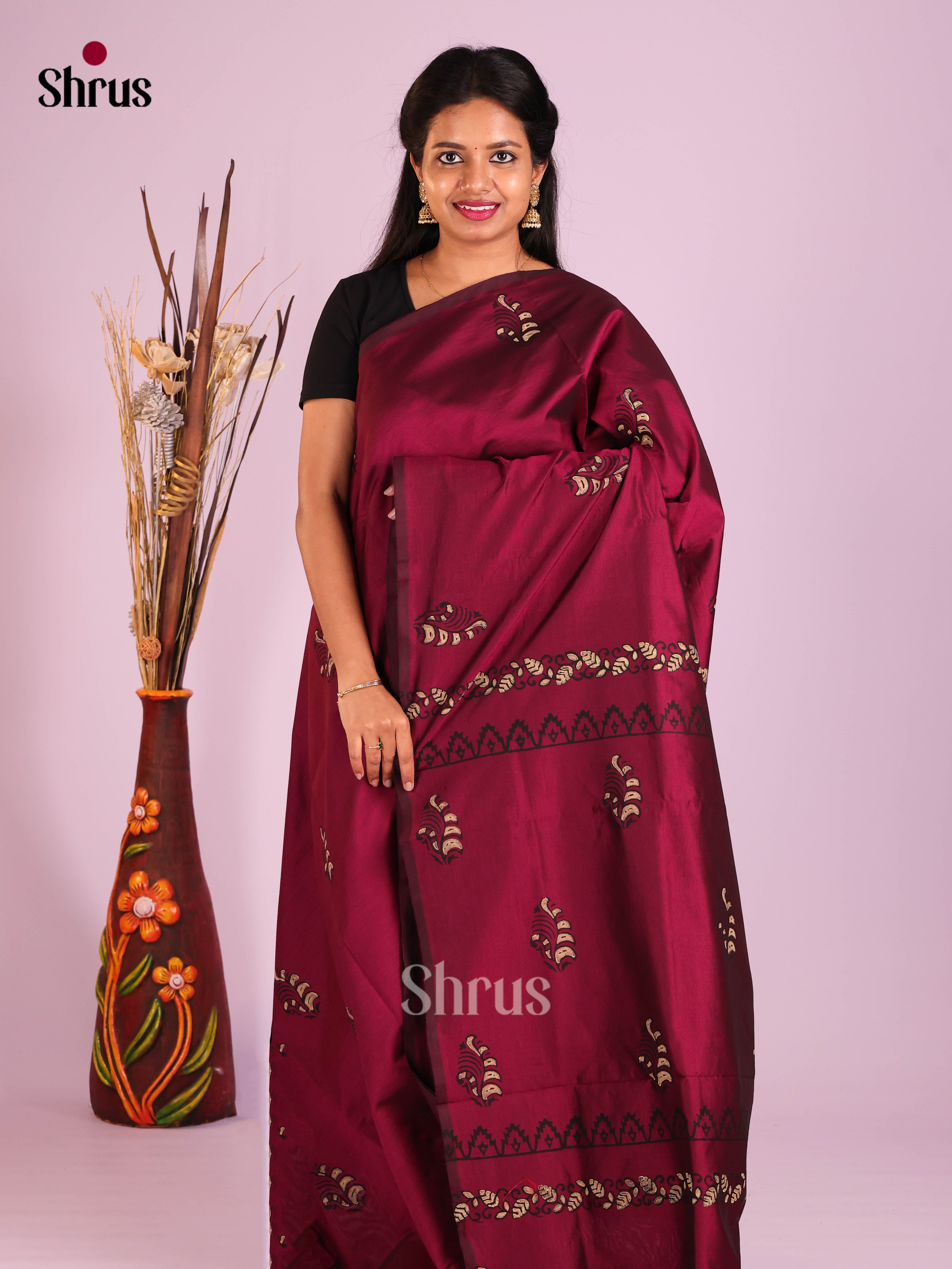 Wine & Cream - Semi Silkcotton print Saree