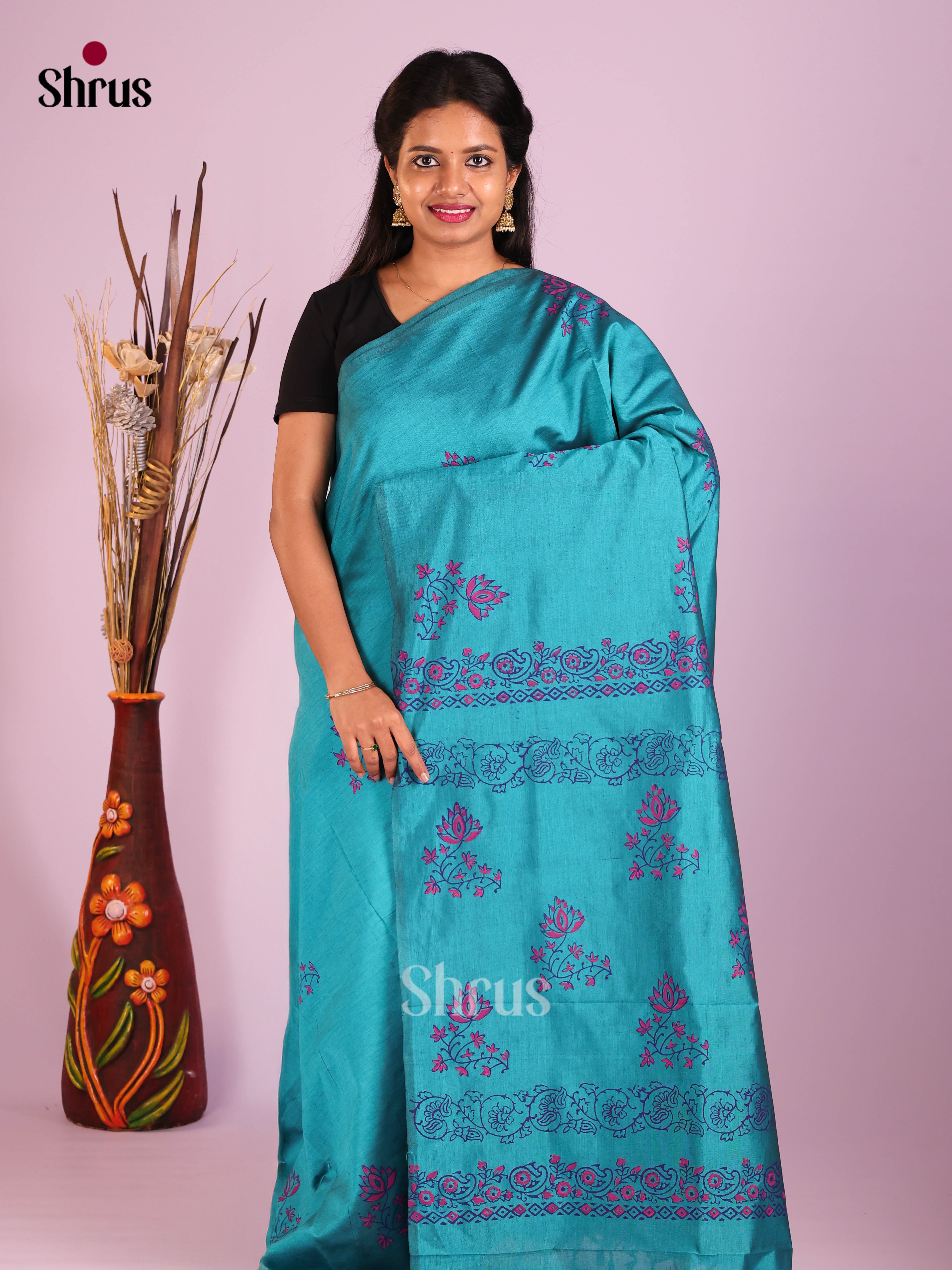 Blue & Pink - Semi Silkcotton print Saree