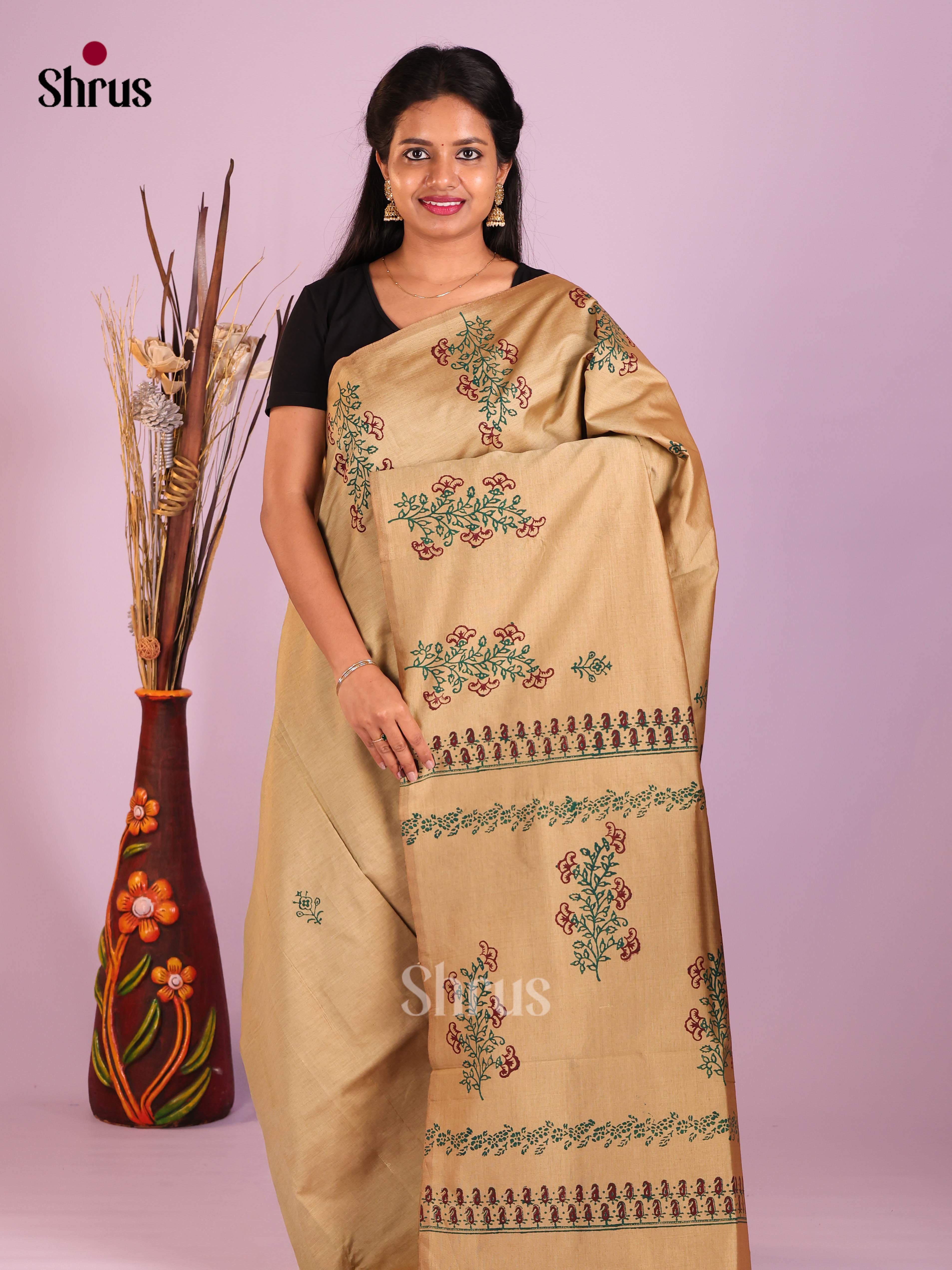 Beige & Maroon - Semi Silkcotton print Saree - Shop on Shrus.com