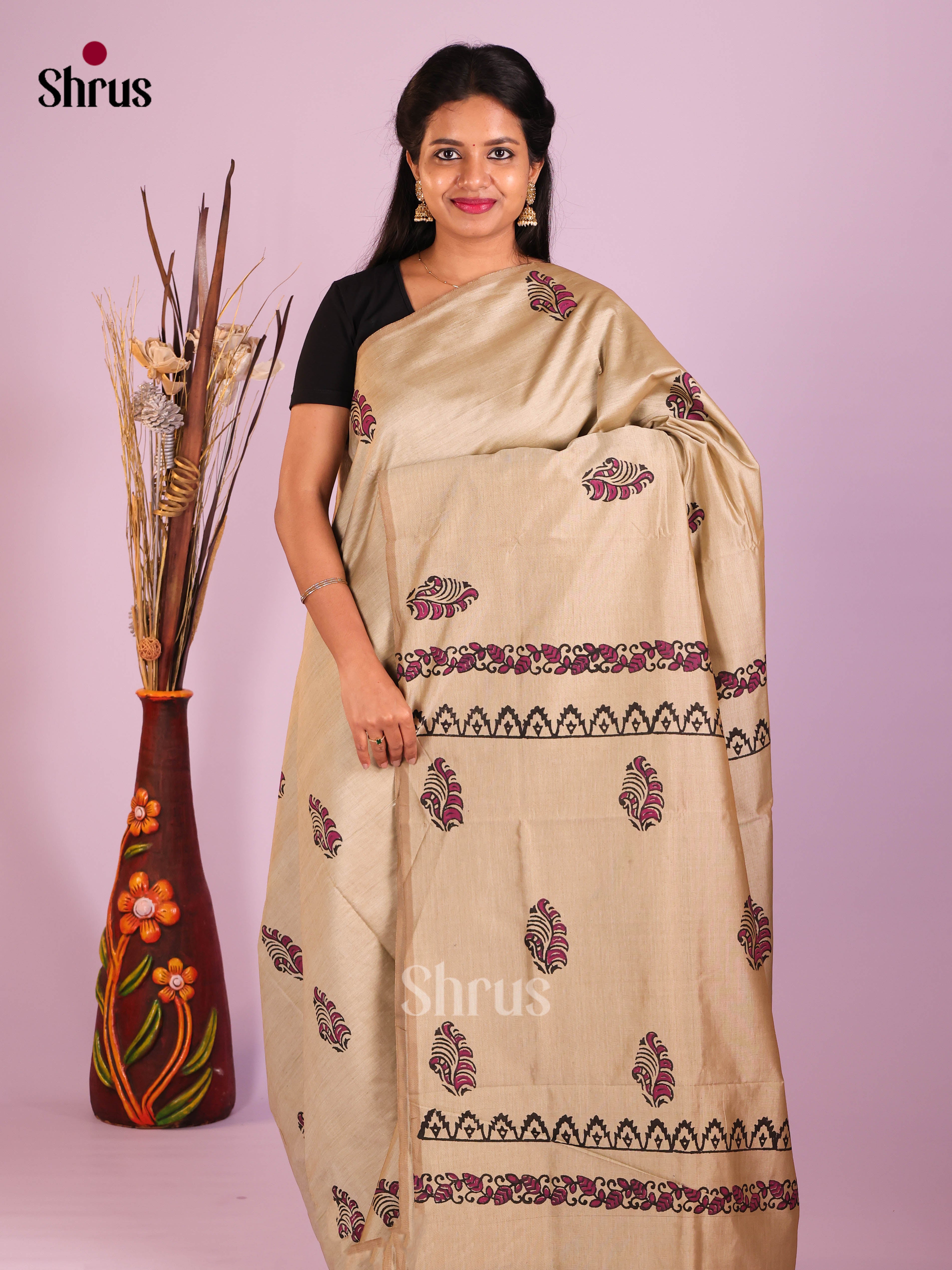 Cream & Maroon - Semi Silkcotton print Saree