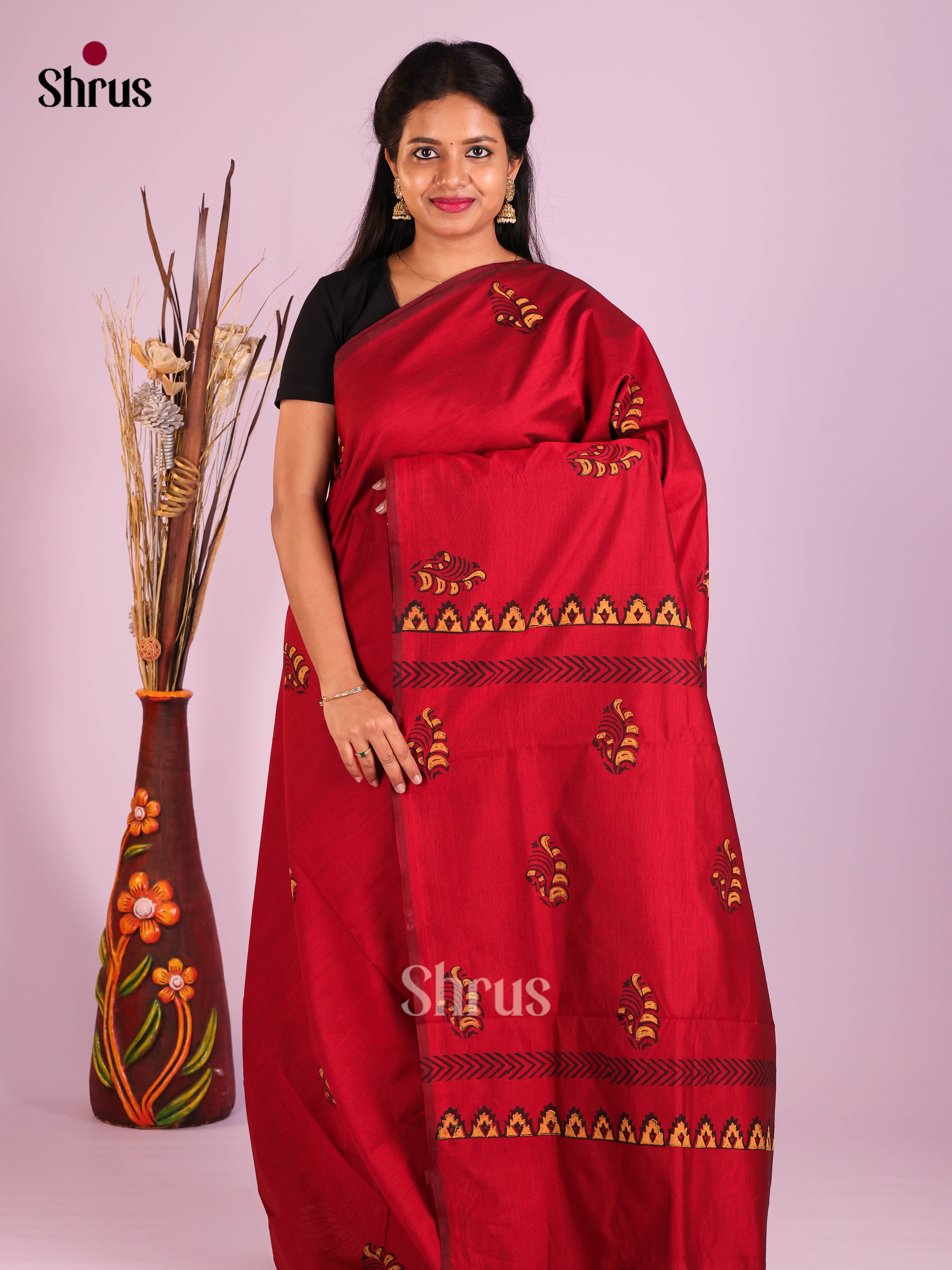 Maroon & Orange - Semi Silkcotton print Saree