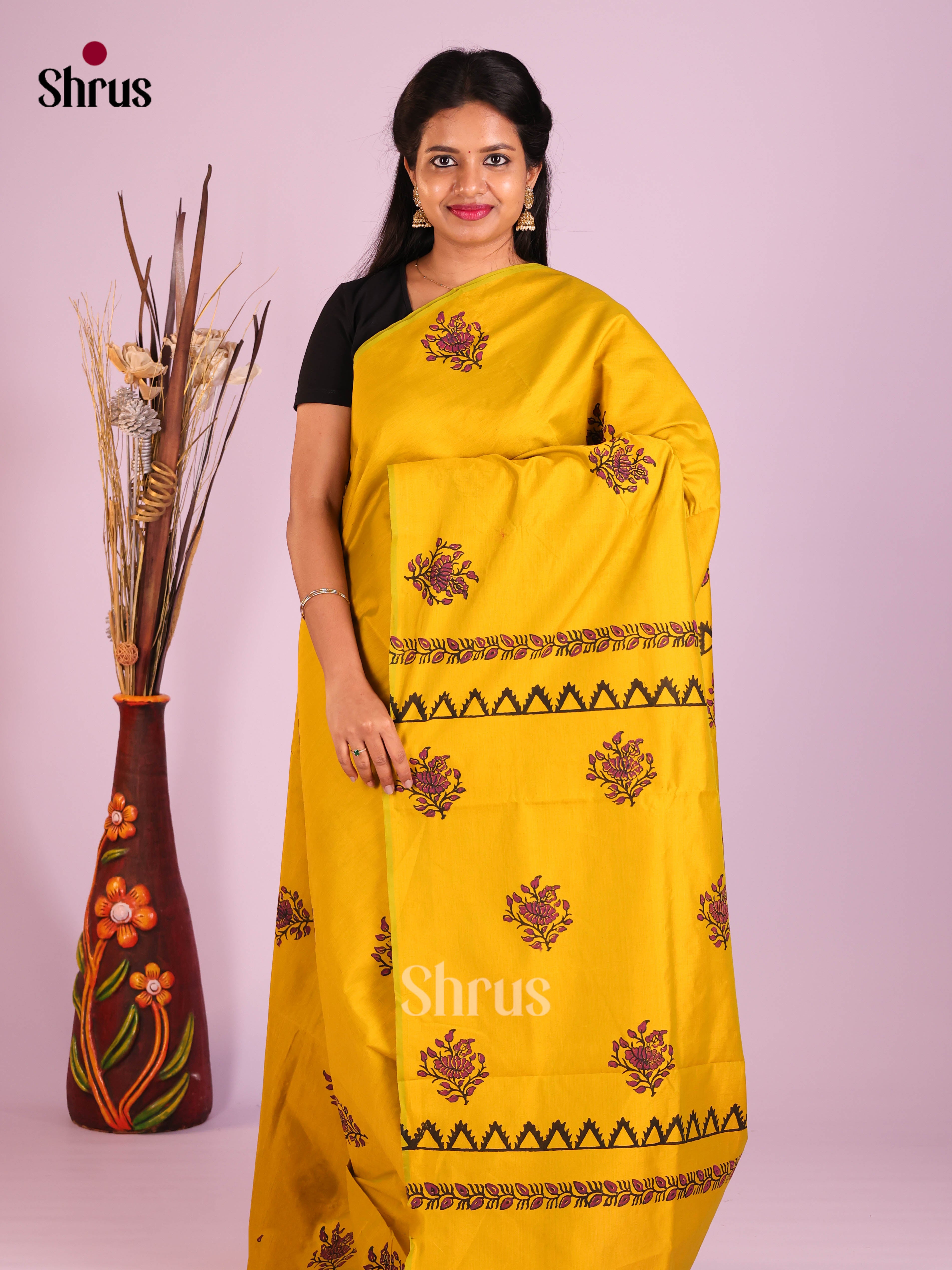 Yellow & Maroon - Semi Silkcotton print Saree