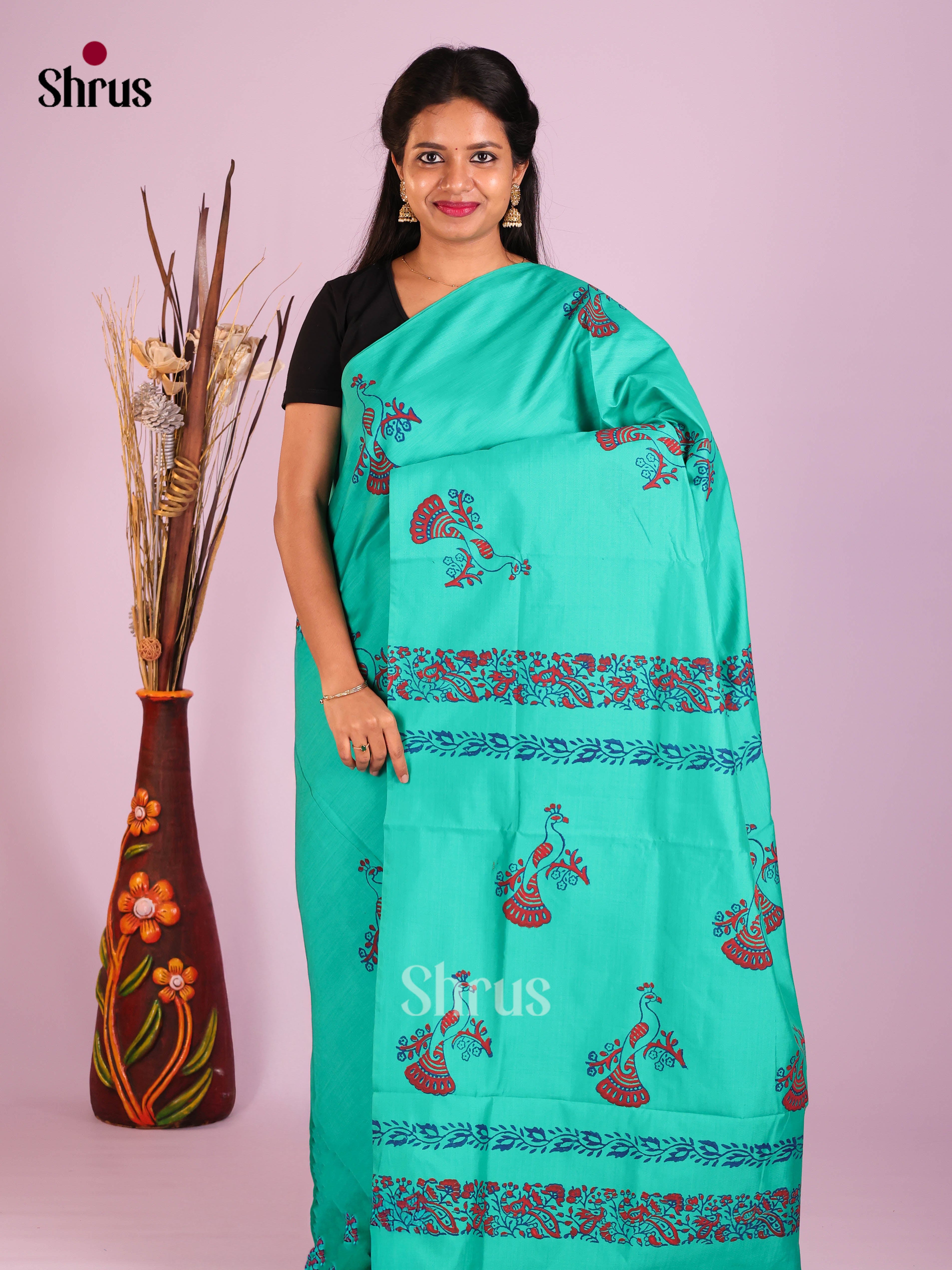 Green & Blue - Semi Silkcotton print Saree