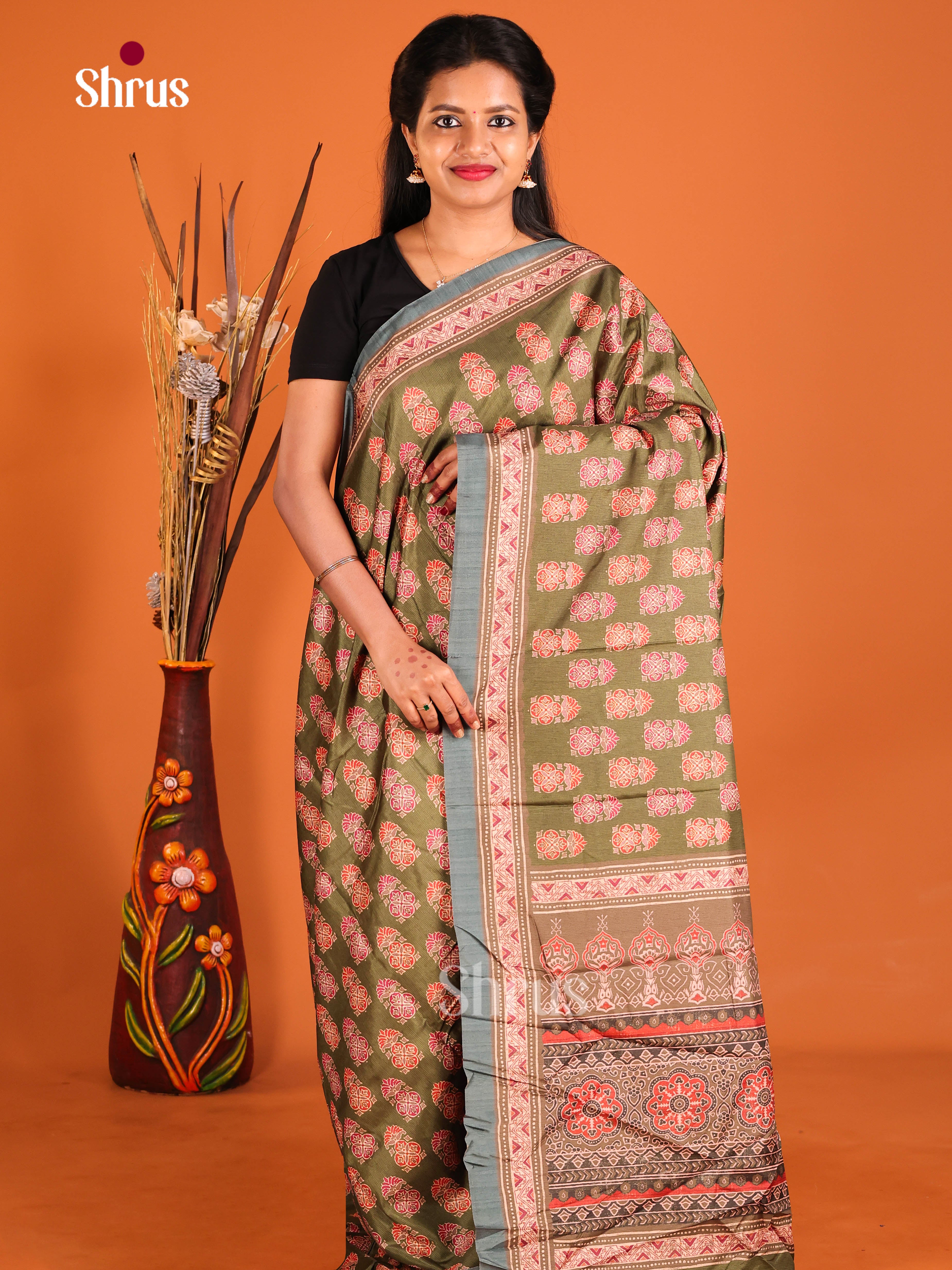 Green & Grey - Semi Crepe Saree - Shop on Shrus.com