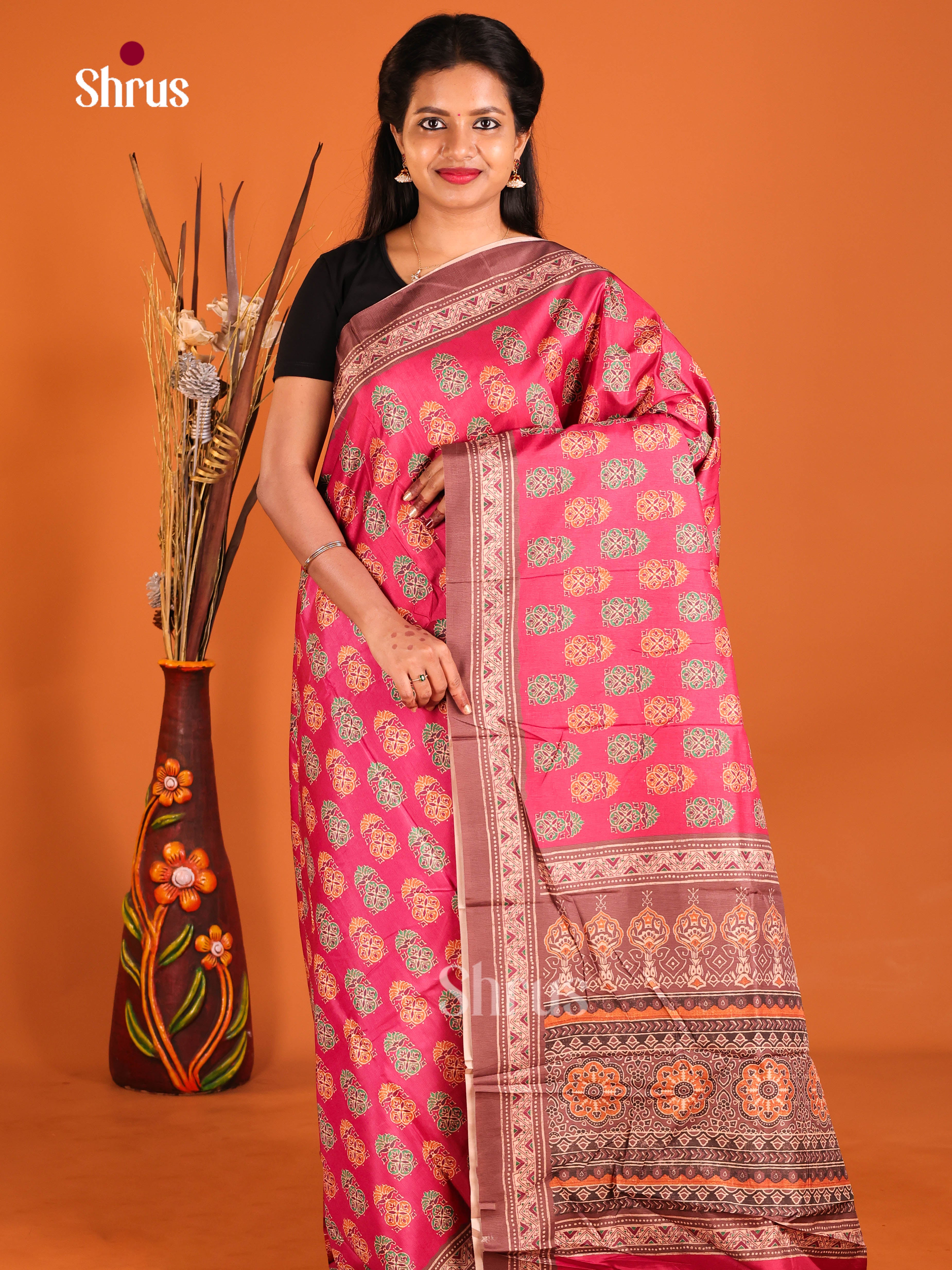 Pink & Brown - Semi Crepe Saree - Shop on Shrus.com