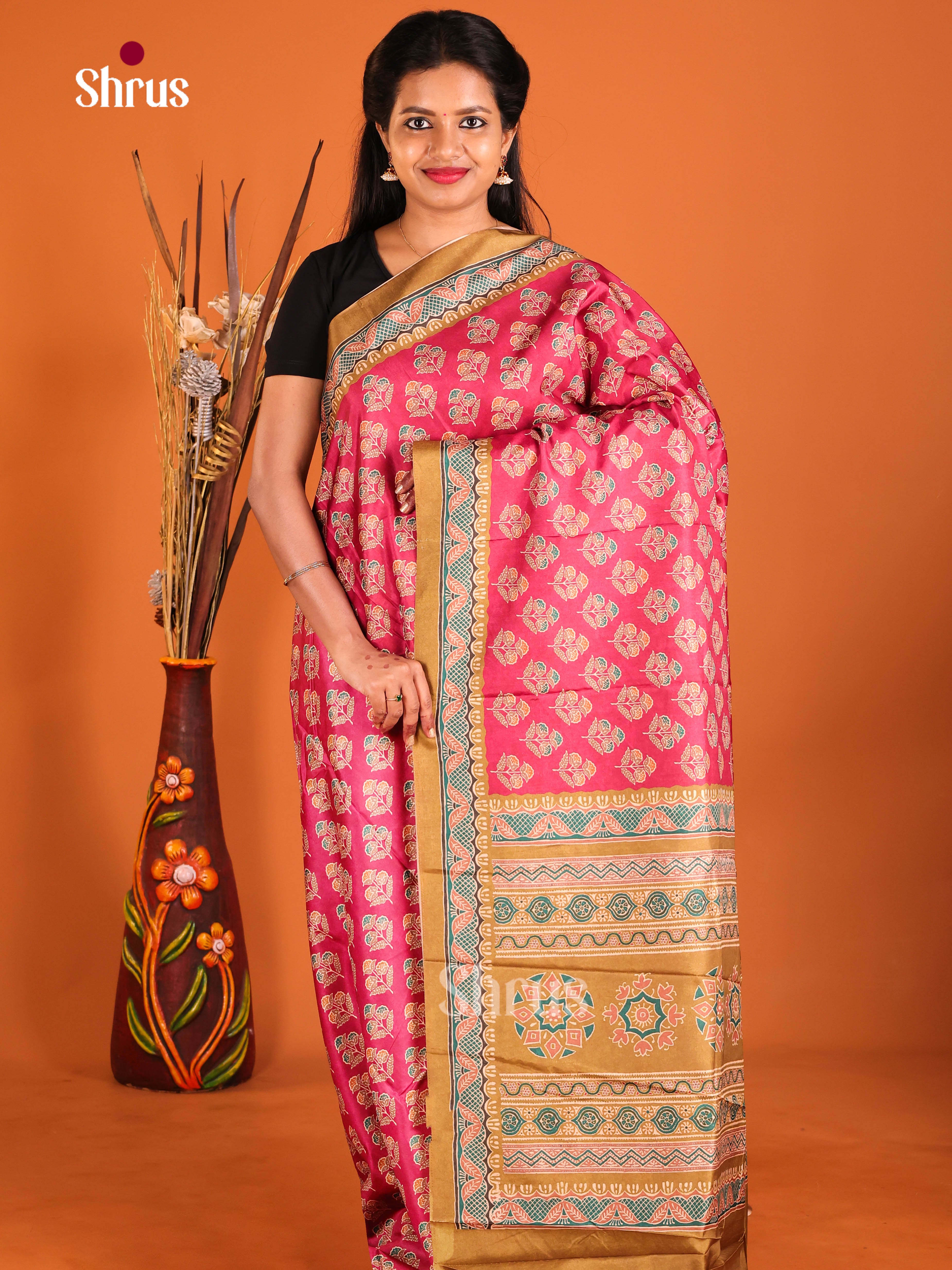 Pink & Mustard- Semi Crepe Saree - Shop on Shrus.com