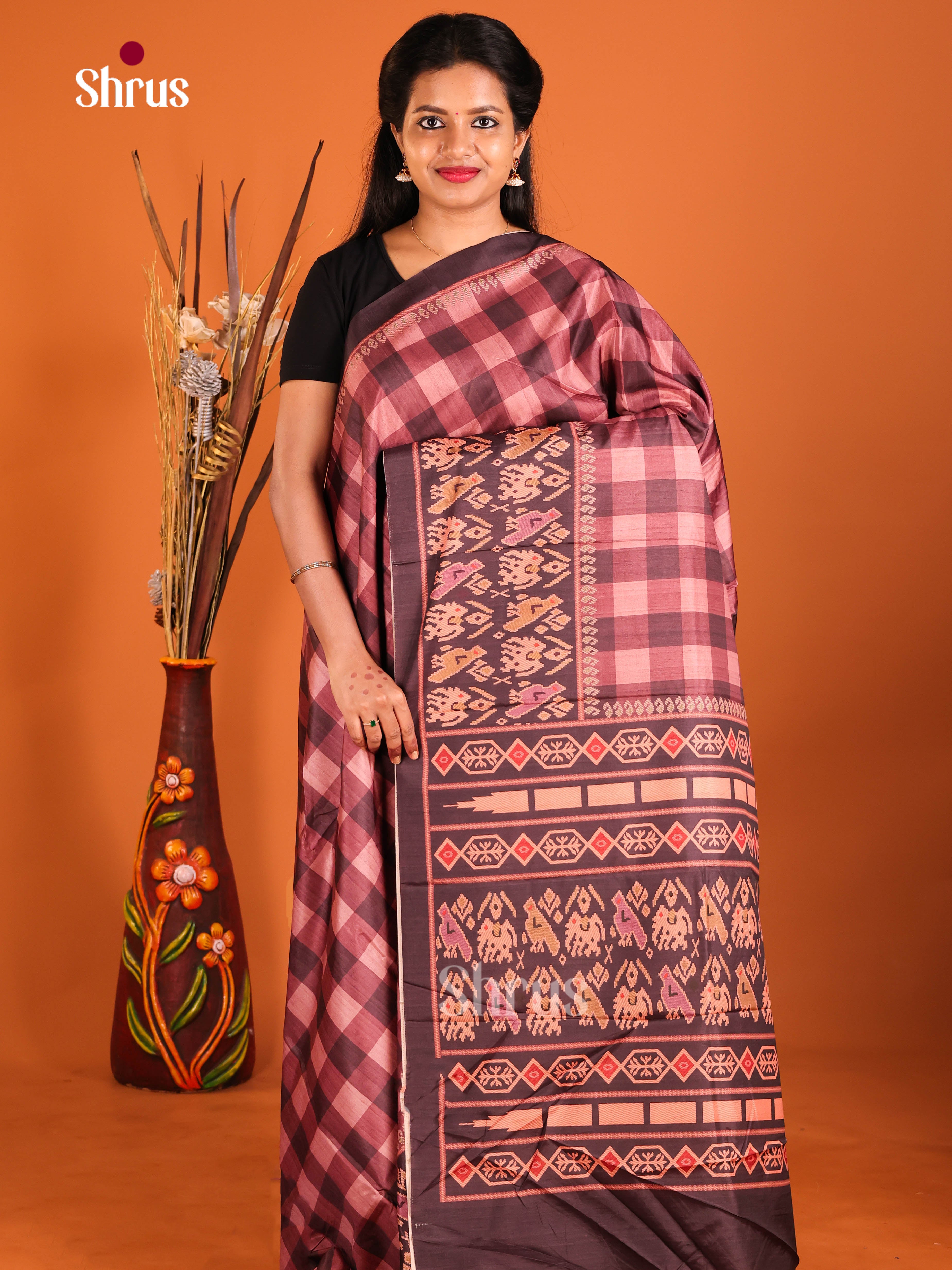 Pink & Brown - Semi Crepe Saree - Shop on Shrus.com