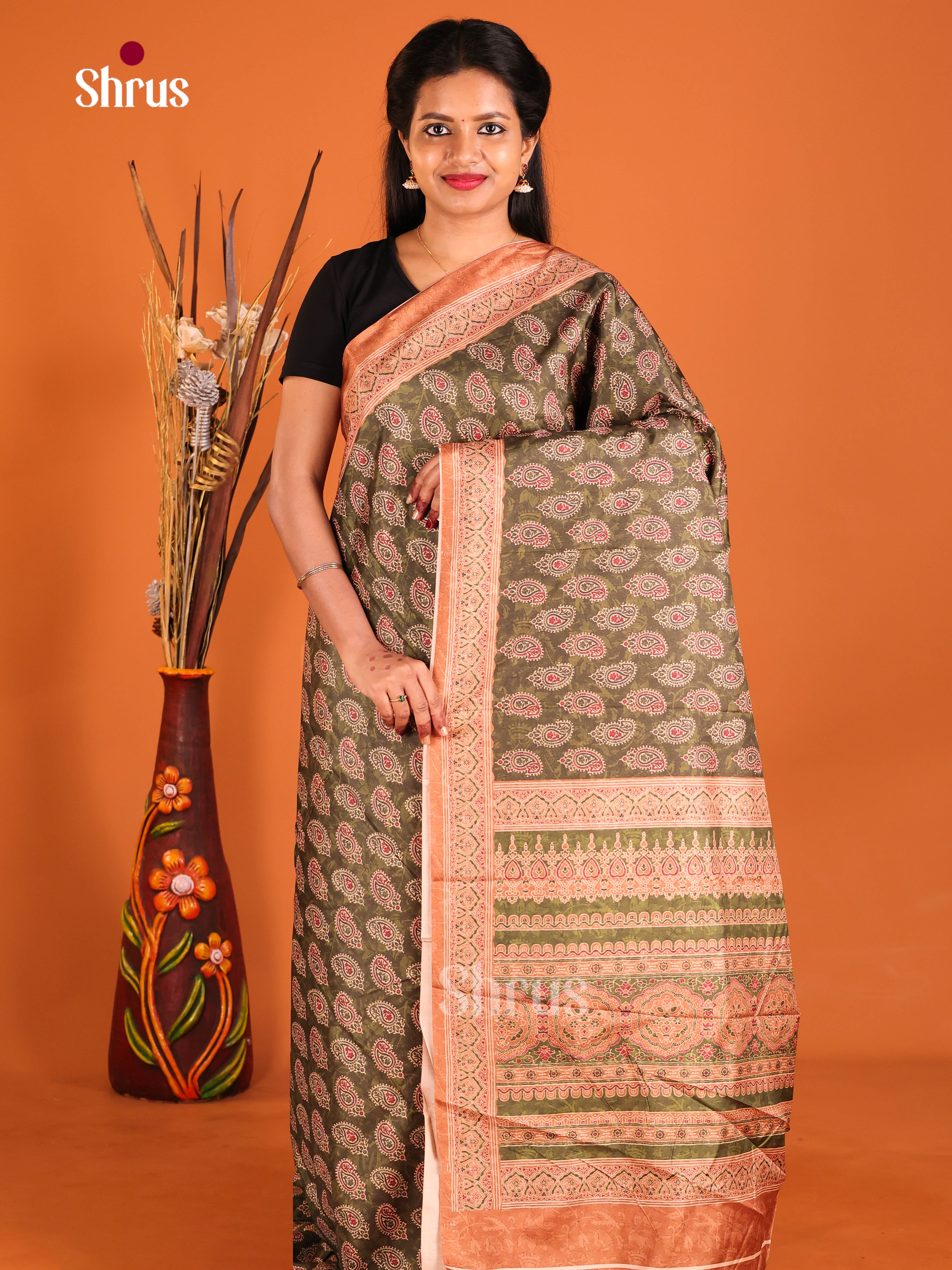 Green & Brown - Semi Crepe Saree - Shop on Shrus.com