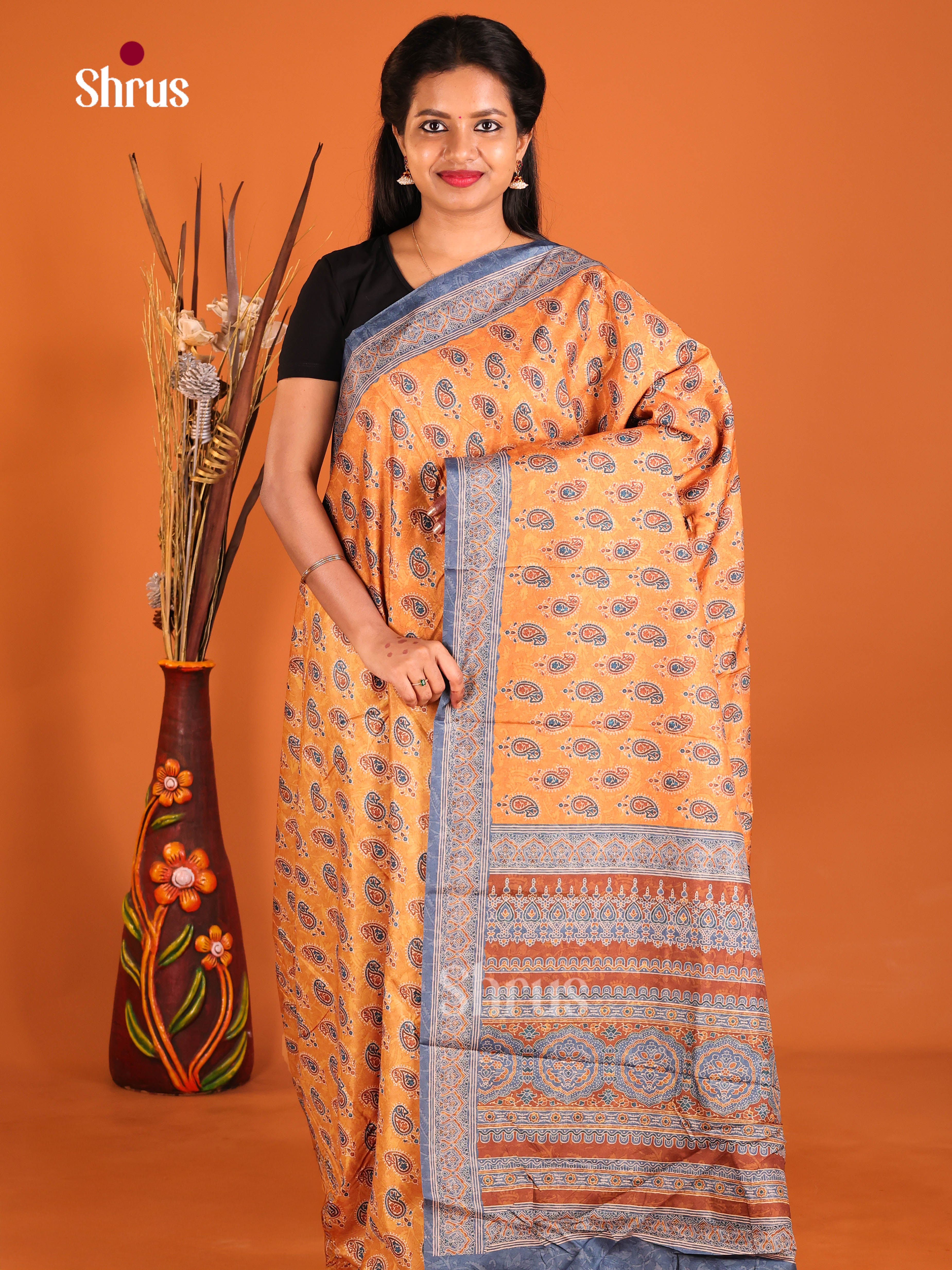 Orange & Blue - Semi Crepe Saree - Shop on Shrus.com
