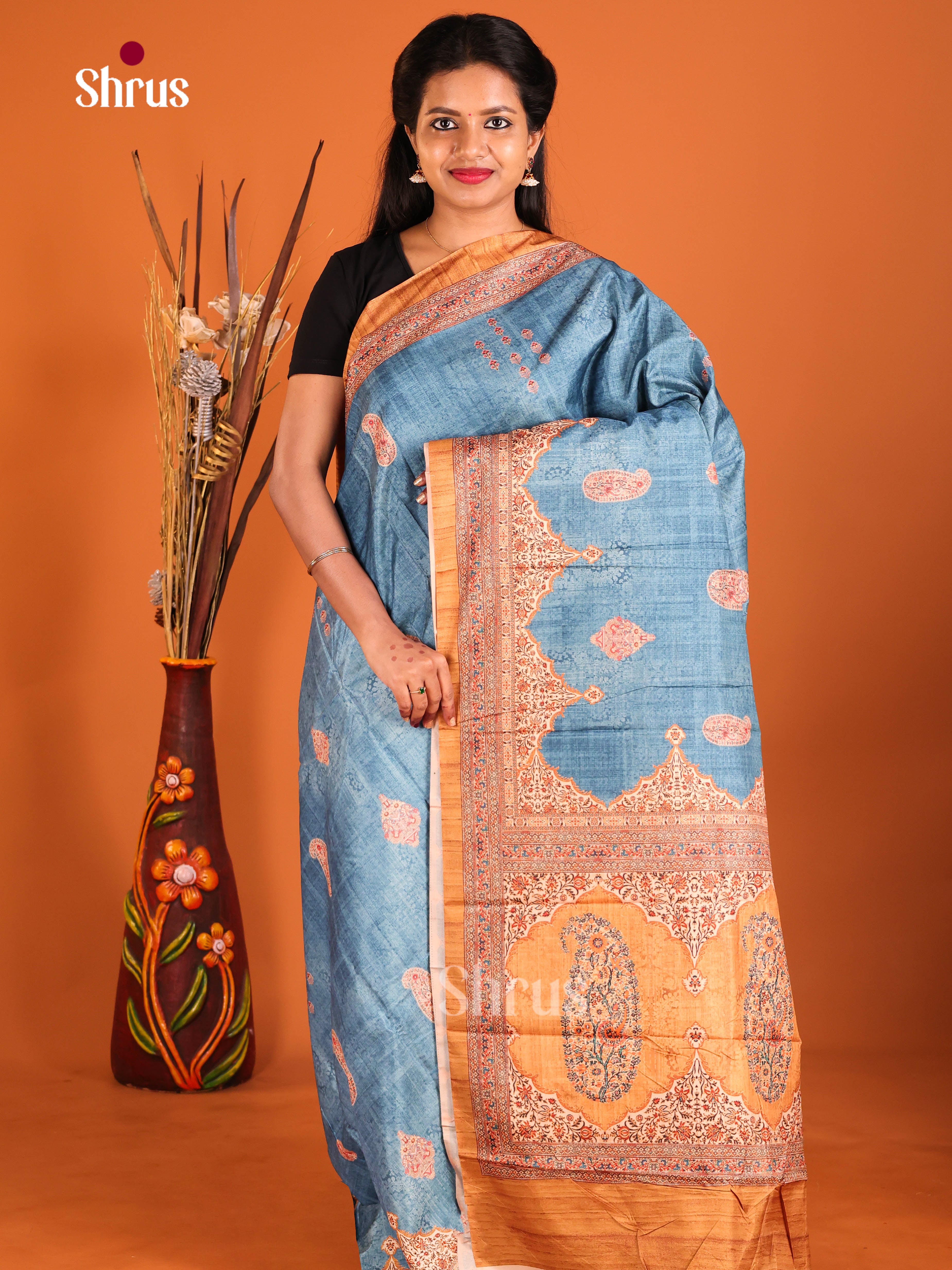 Blue & Orange - Semi Crepe Saree