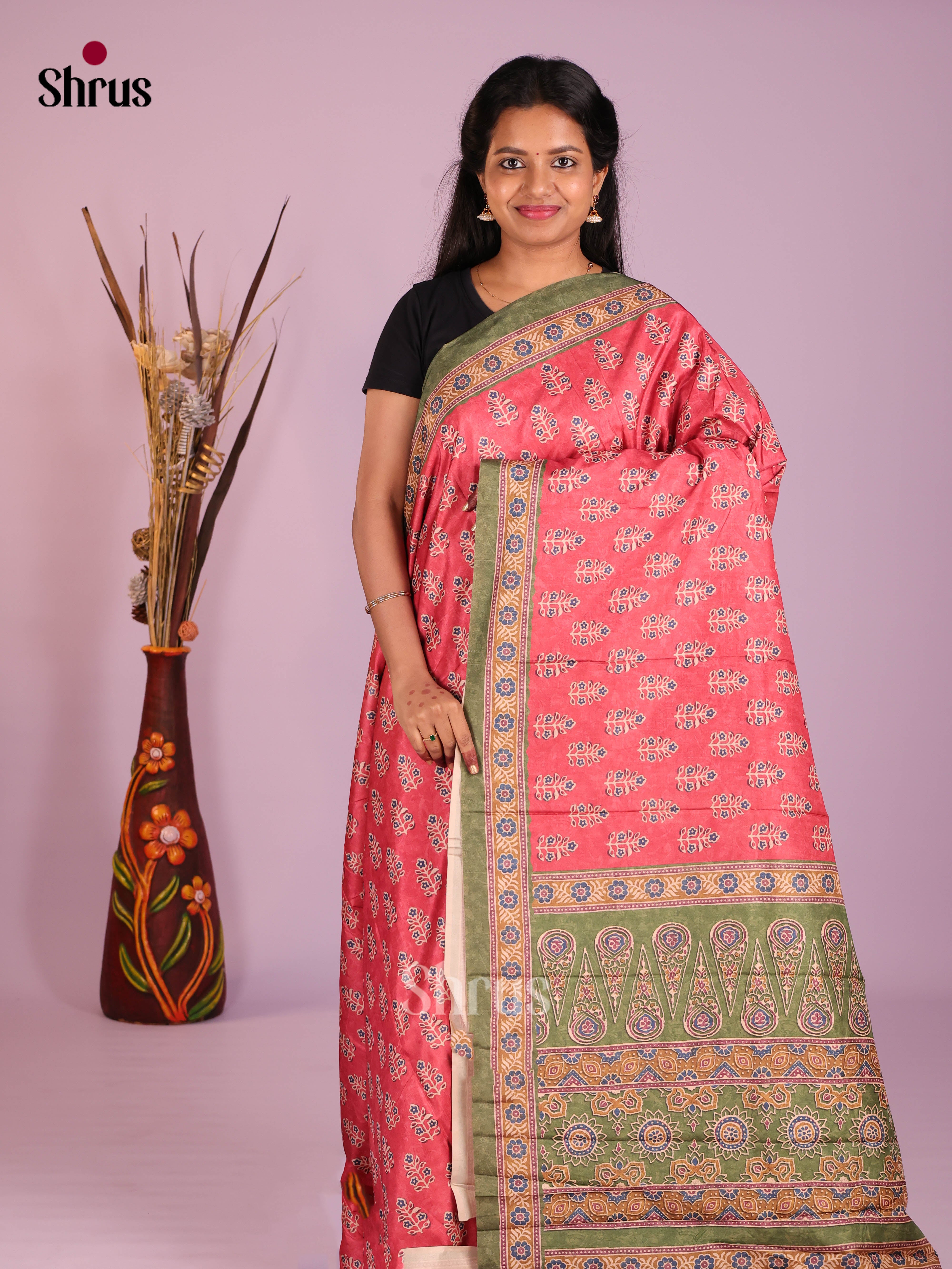 Pink & Green - Semi Crepe Saree - Shop on Shrus.com