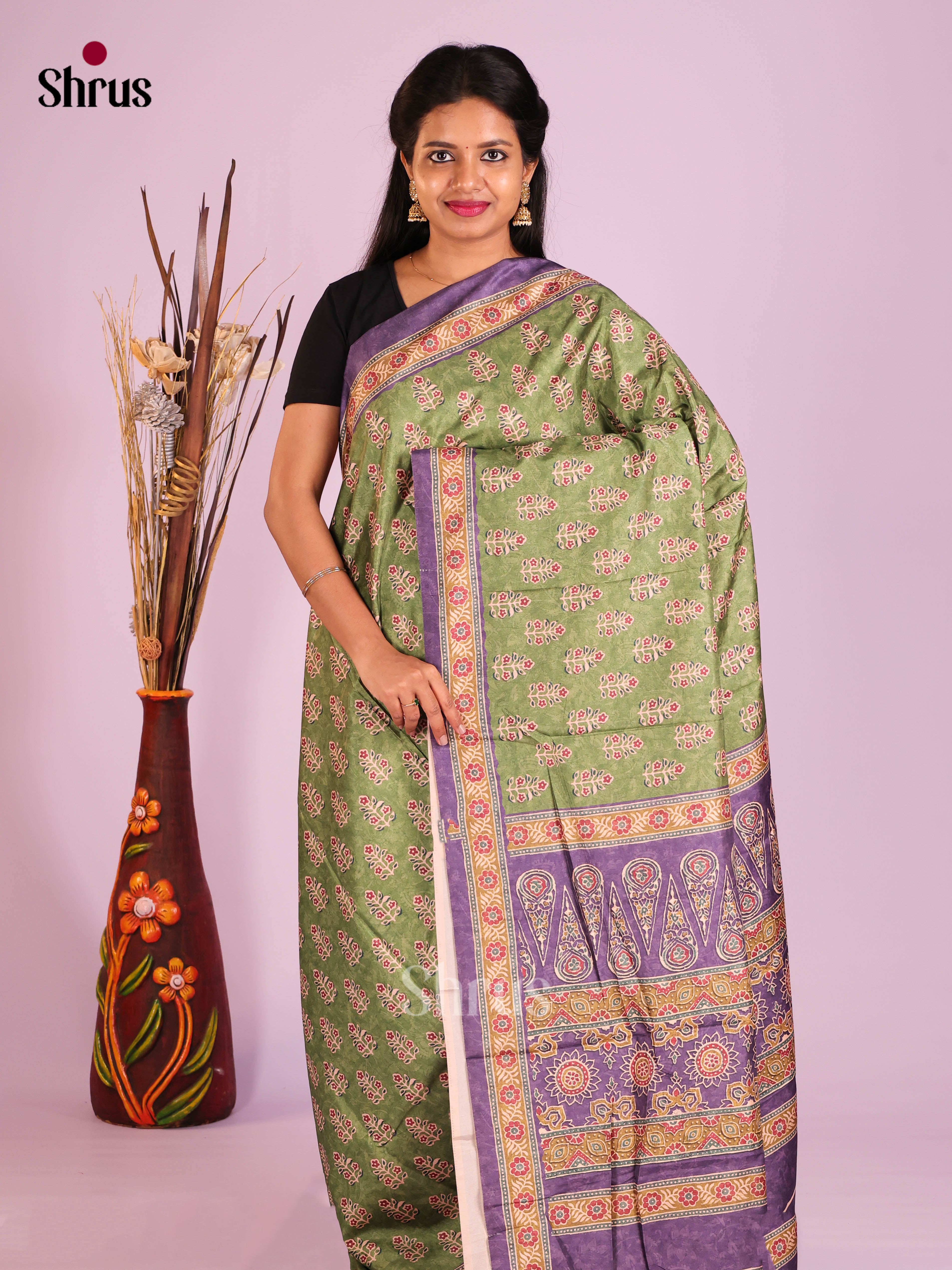 Green & Purple - Semi Crepe Saree - Shop on Shrus.com