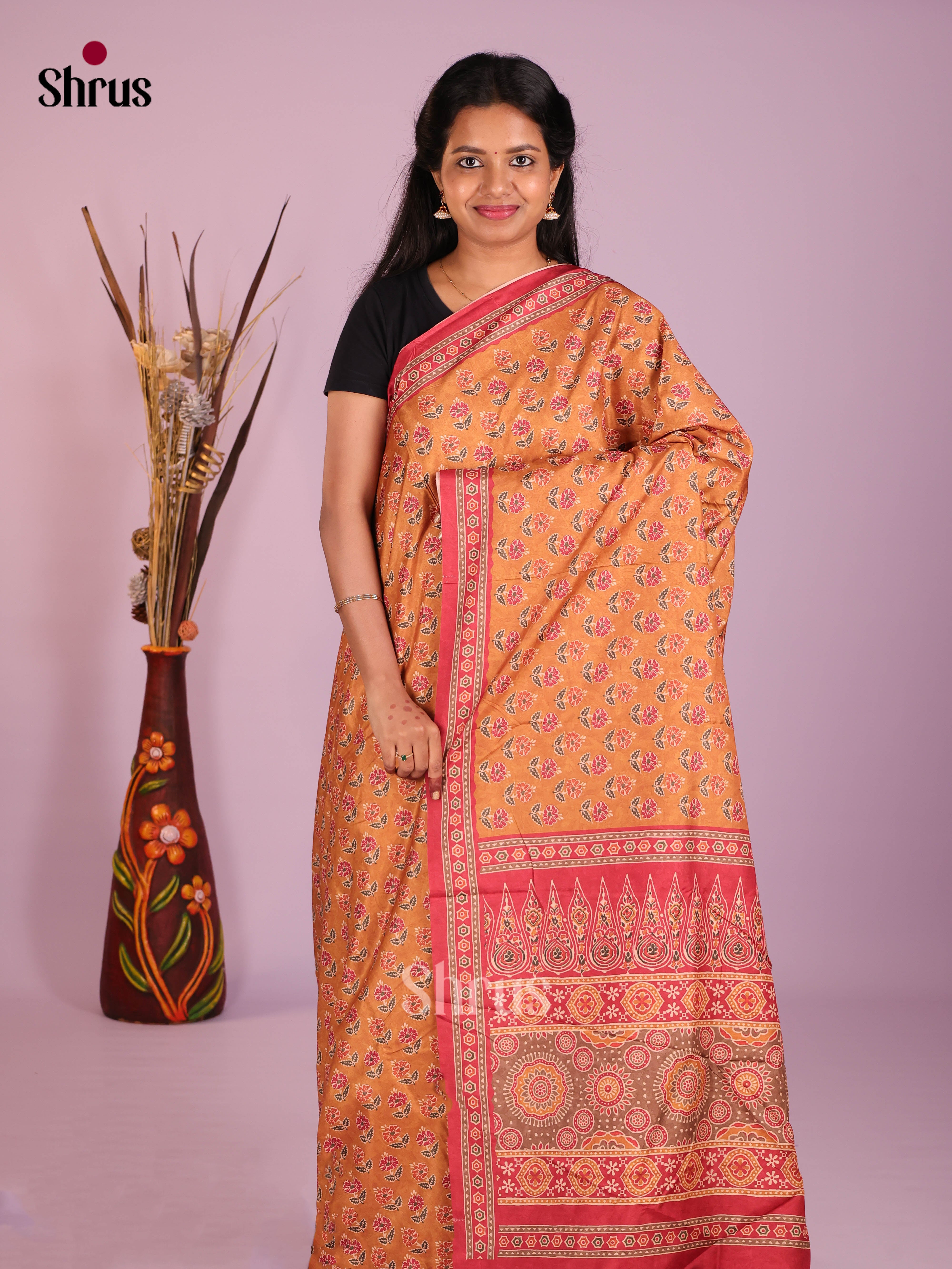 Orange & Red - Semi Crepe Saree - Shop on Shrus.com