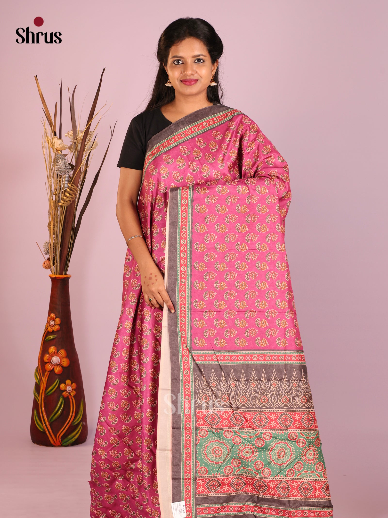 Pink & Grey - Semi Crepe Saree - Shop on Shrus.com