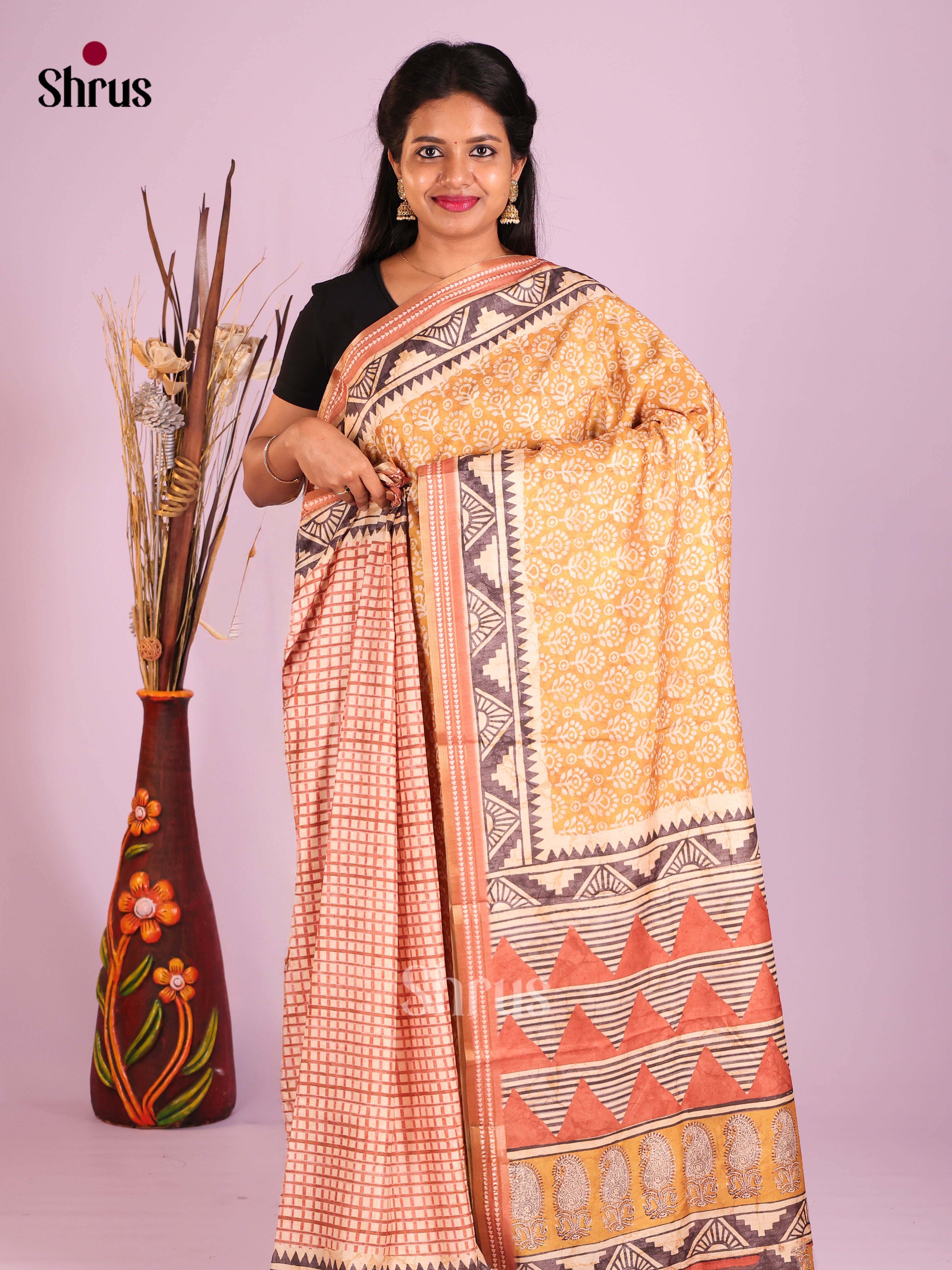 Mustard & Orange - Semi matka Saree