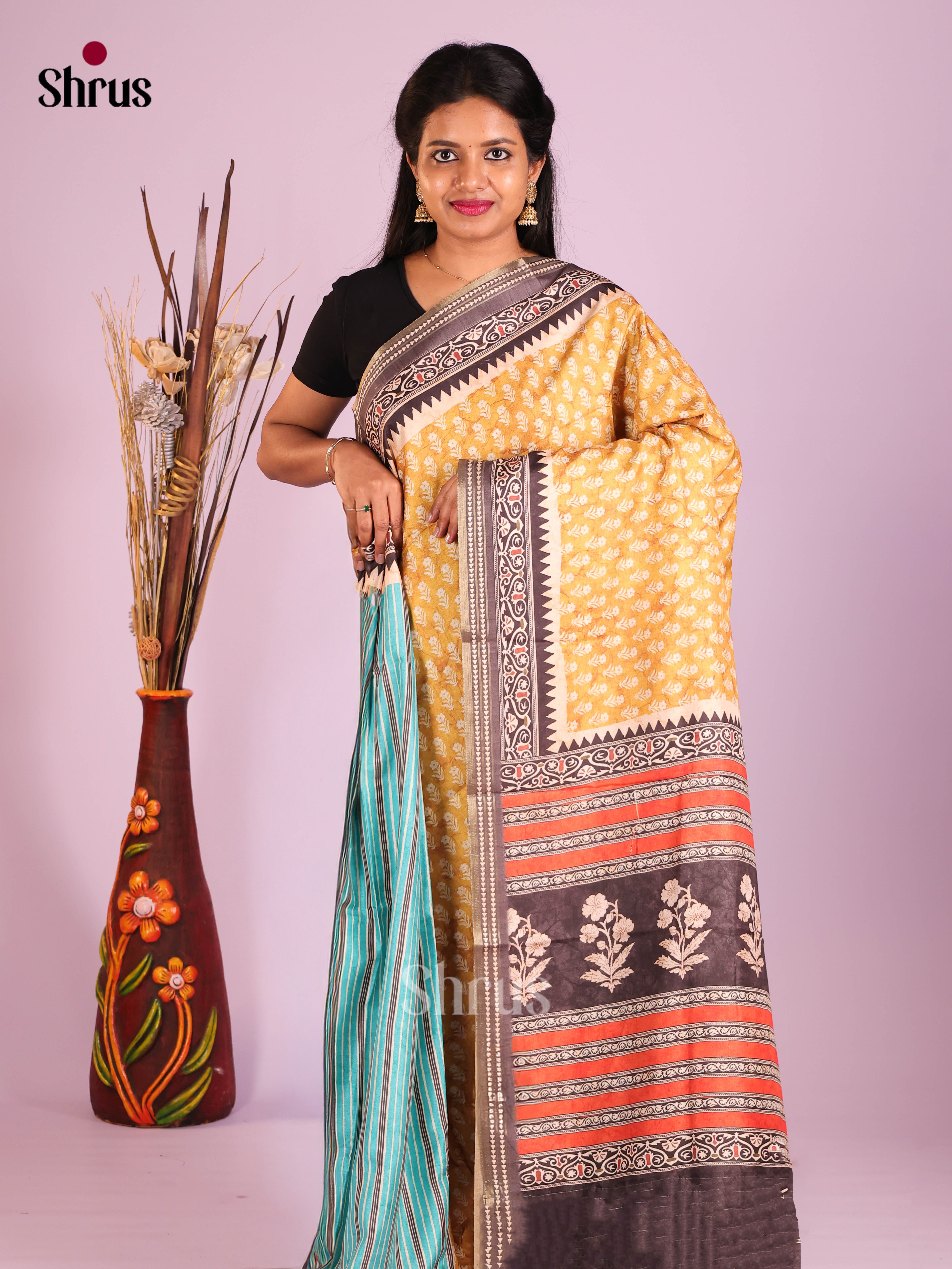 Yellow & Blue - Semi matka Saree