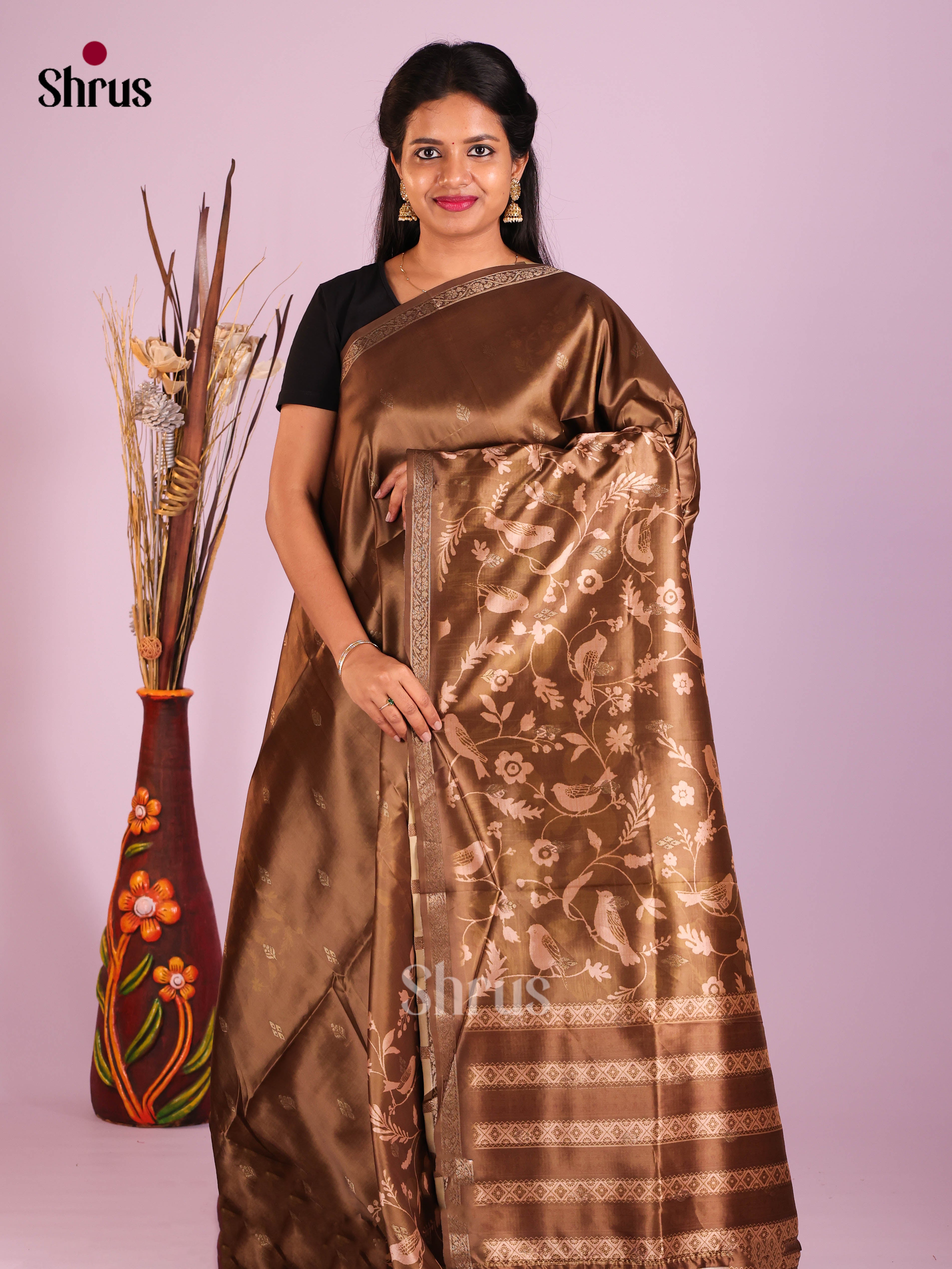 Brown - Semi Dupion Saree