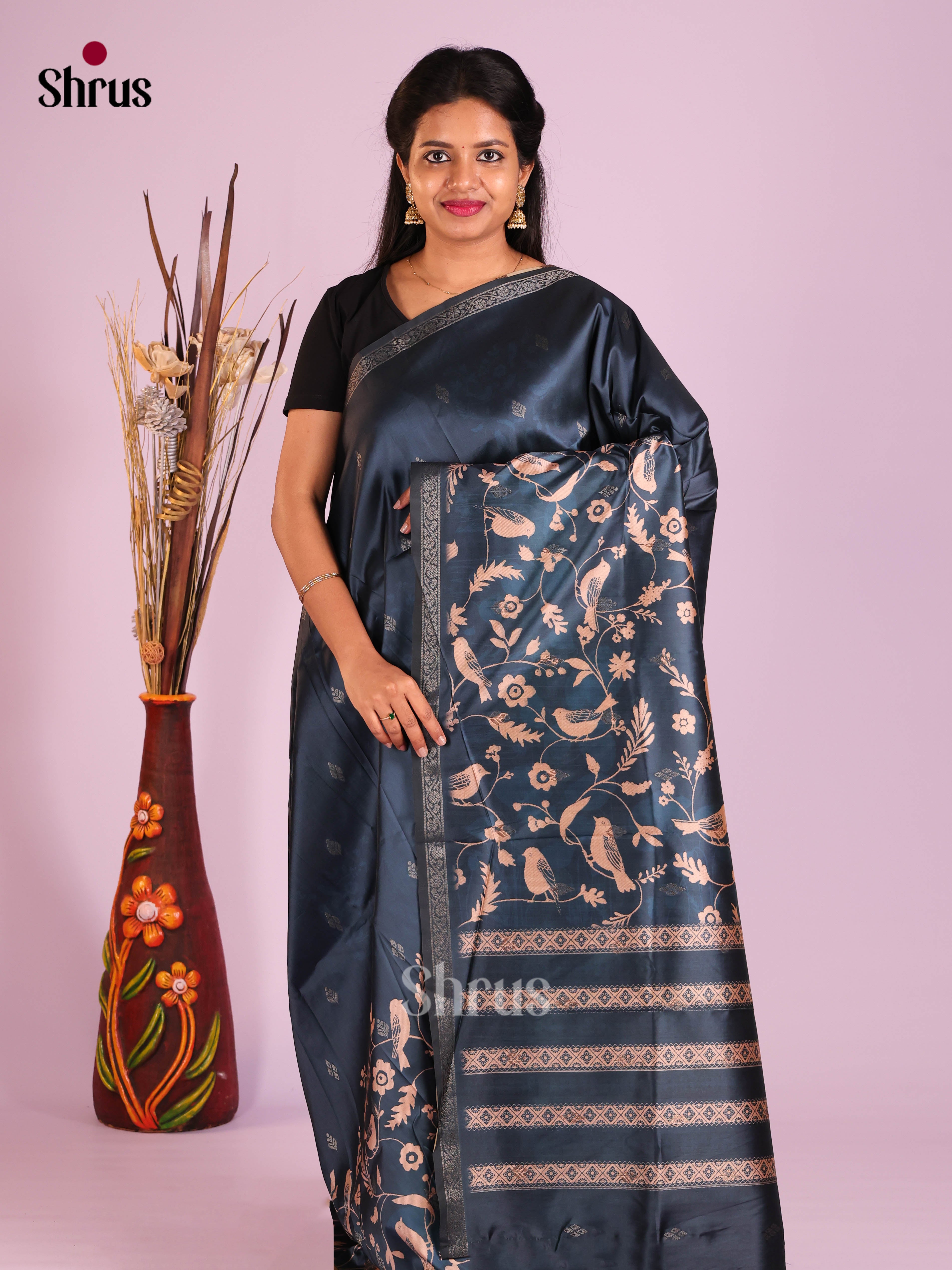 Navy Blue - Semi Dupion Saree - Shop on Shrus.com