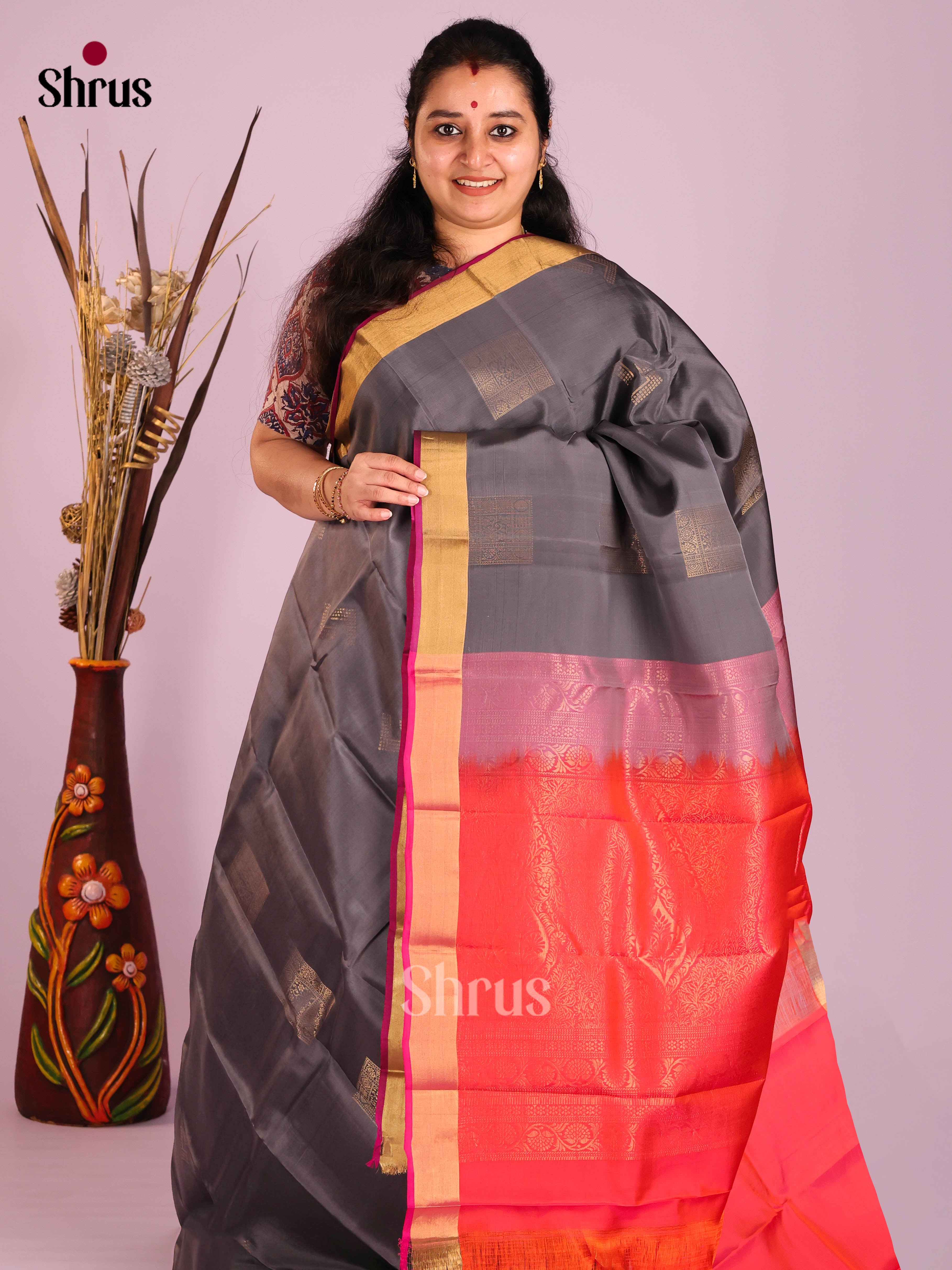 Grey & Oranish PInk - Softsilk-halfpure Saree - Shop on Shrus.com