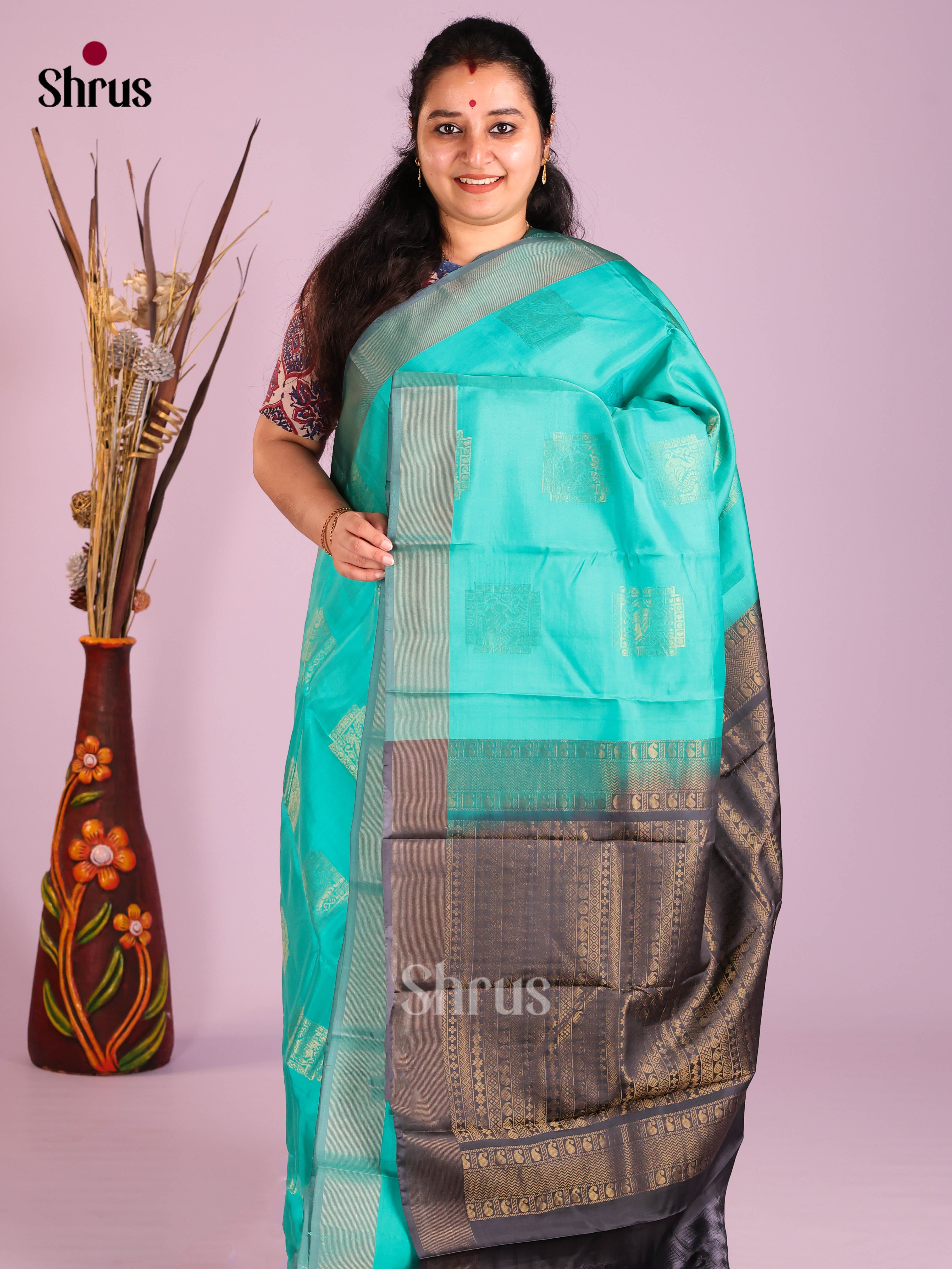 Sky Blue & Navy Blue - Softsilk-halfpure Saree
