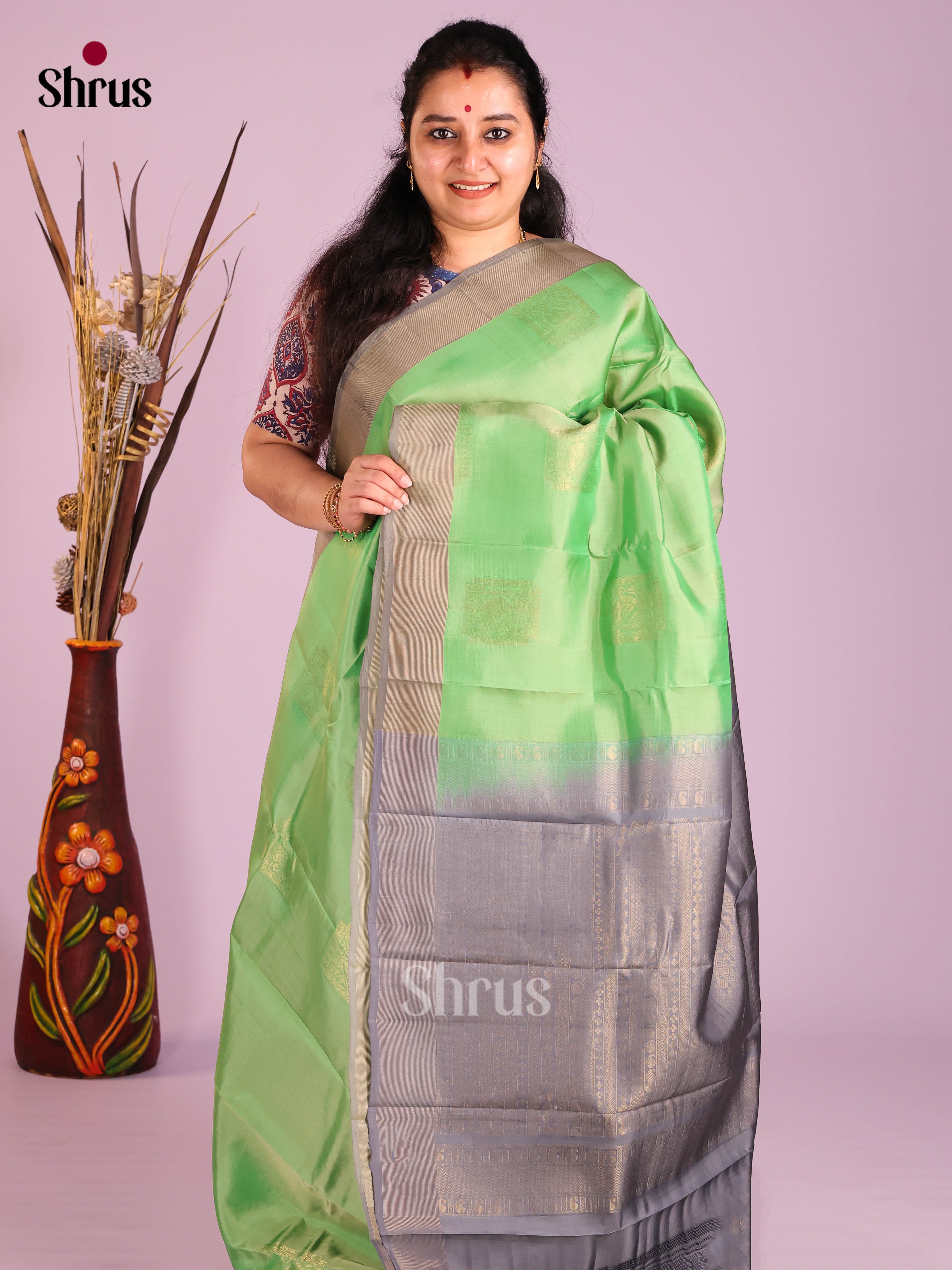 Pista Green & Grey - Softsilk-halfpure Saree - Shop on Shrus.com