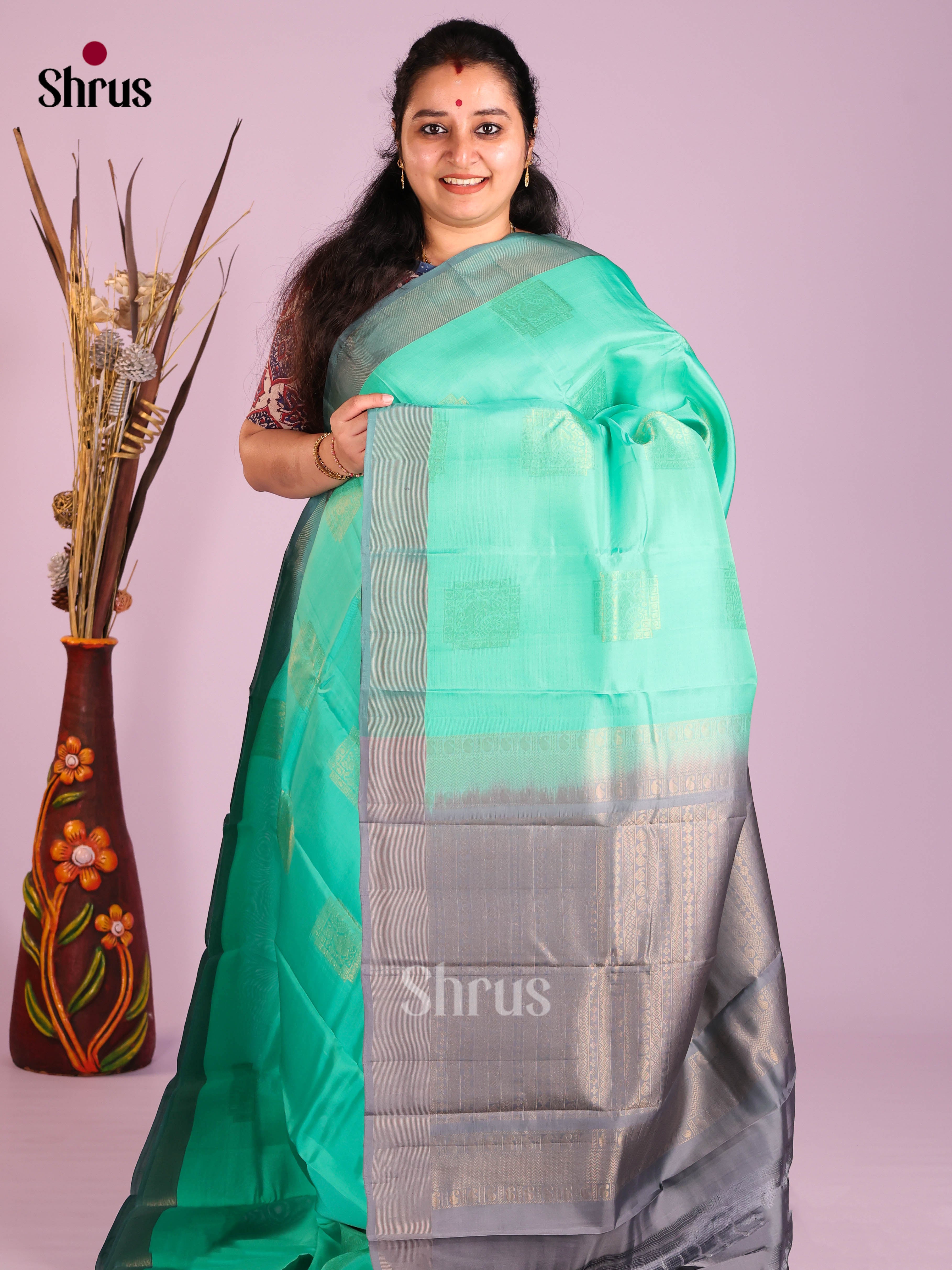 Pastel Green & Grey - Softsilk-halfpure Saree - Shop on Shrus.com