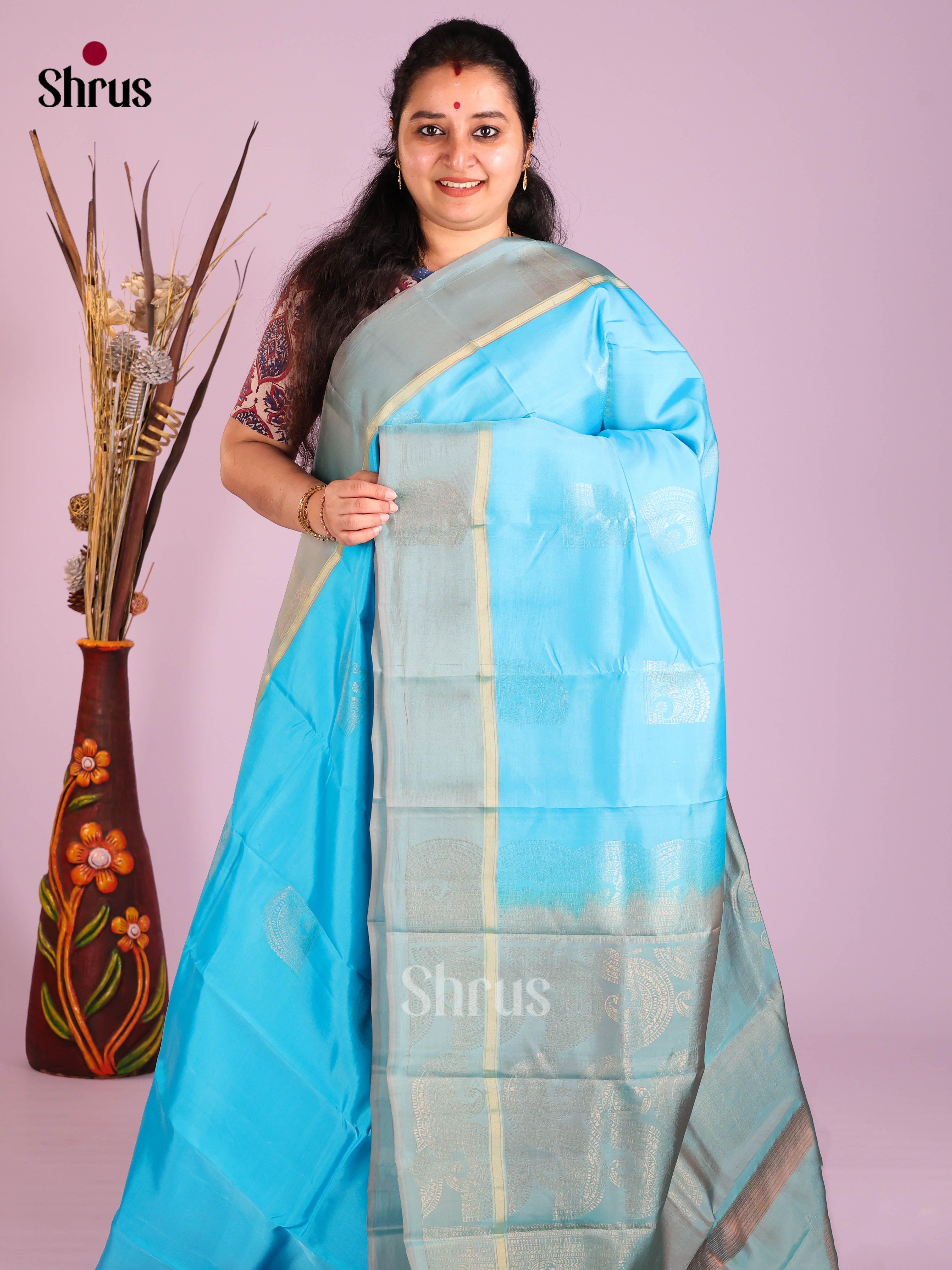 Pastel Blue & Grey- Softsilk-halfpure Saree - Shop on Shrus.com
