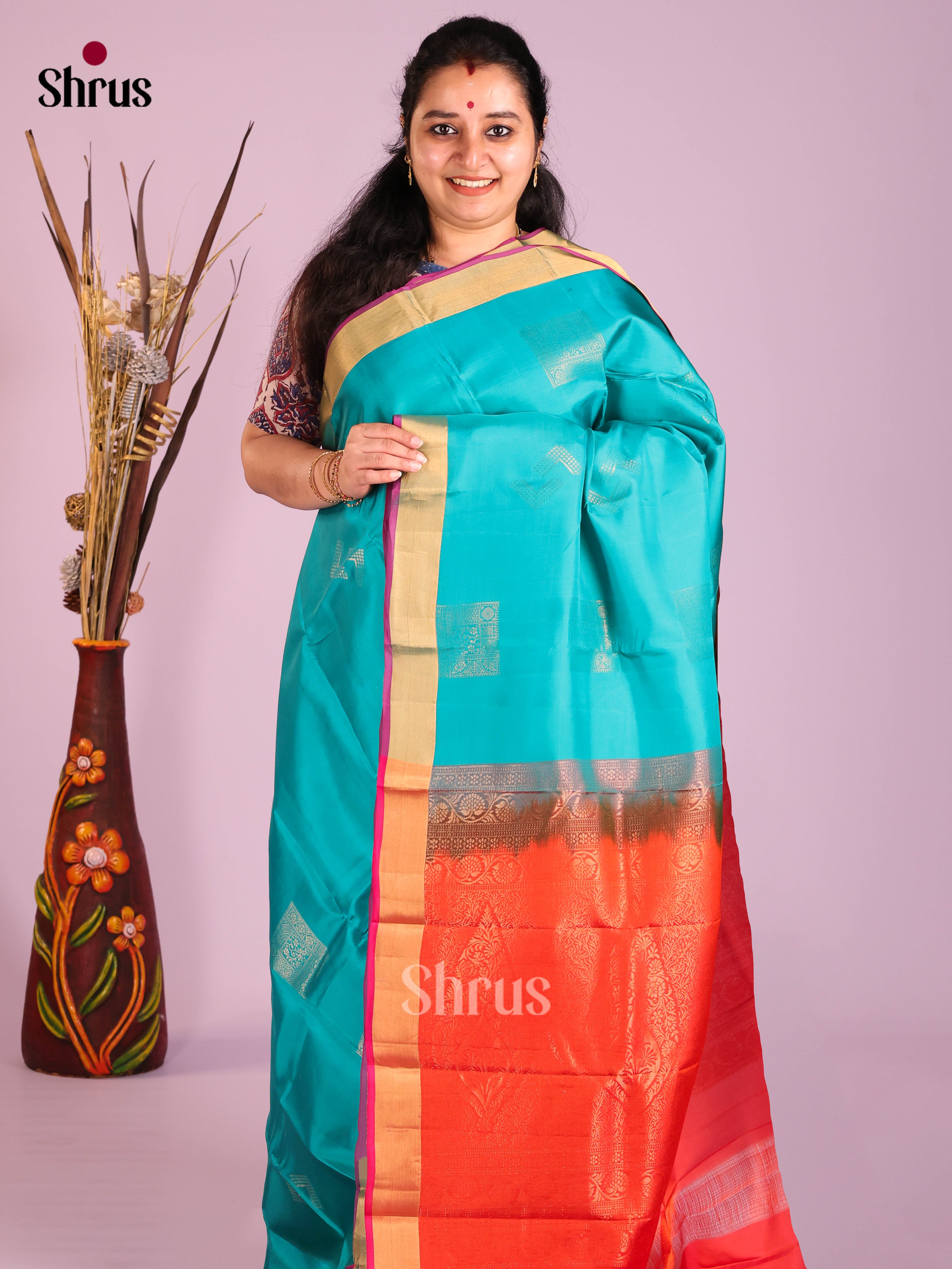 sky blue red Softsilk halfpure Saree