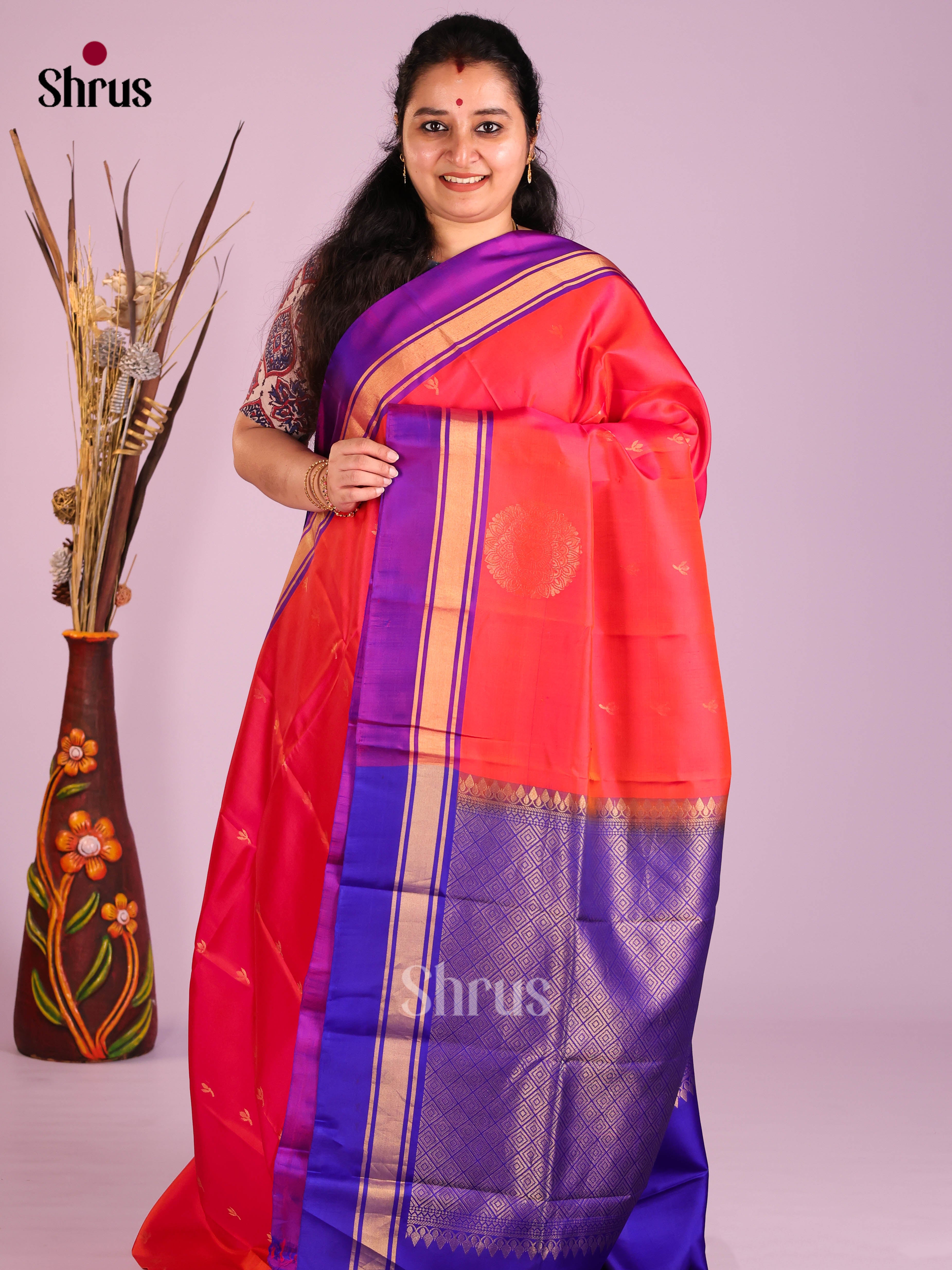 Orangish Pink & Blue - Softsilk-halfpure Saree