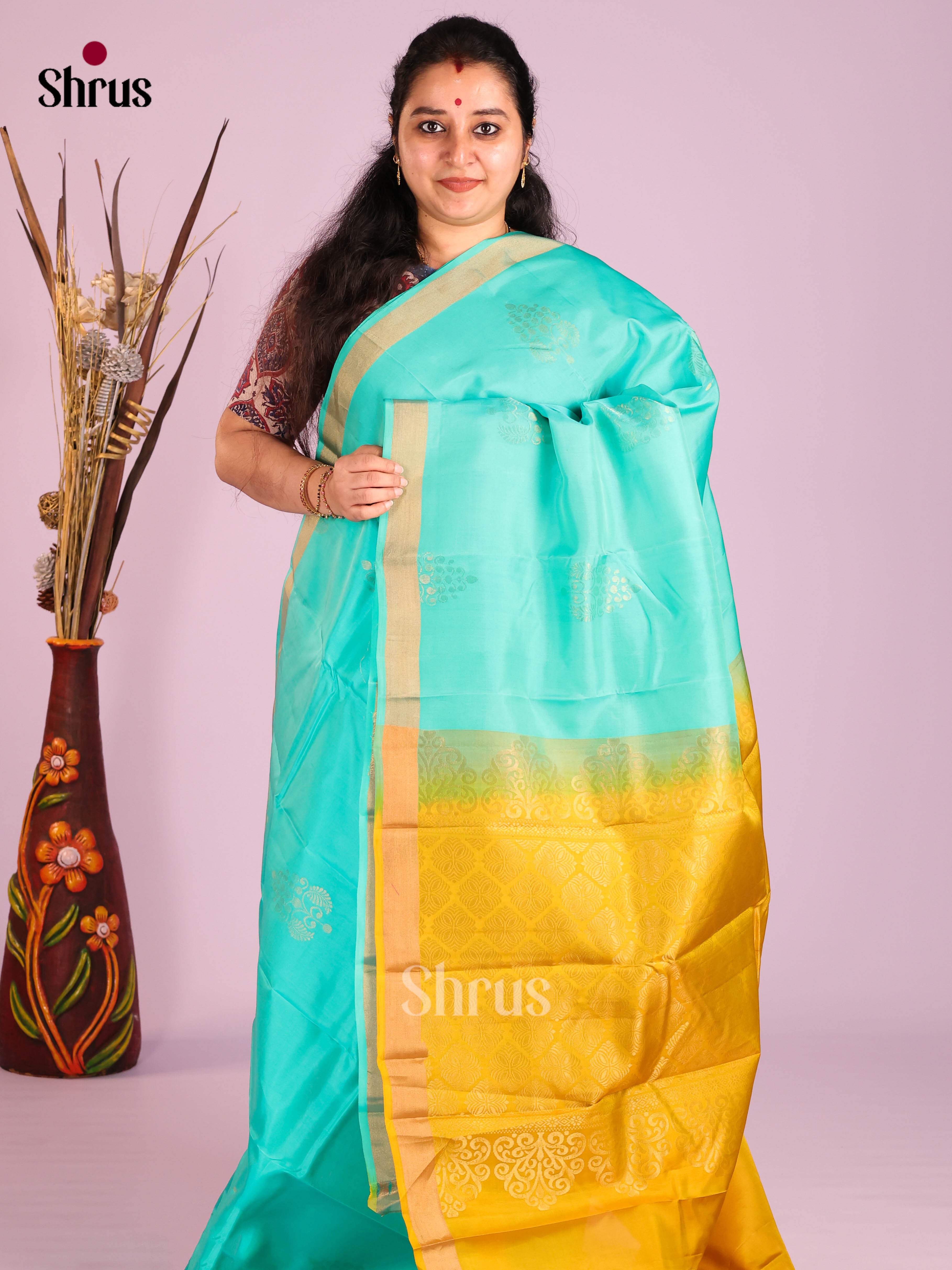 Pastel Blue & Yellow - Softsilk-halfpure Saree - Shop on Shrus.com
