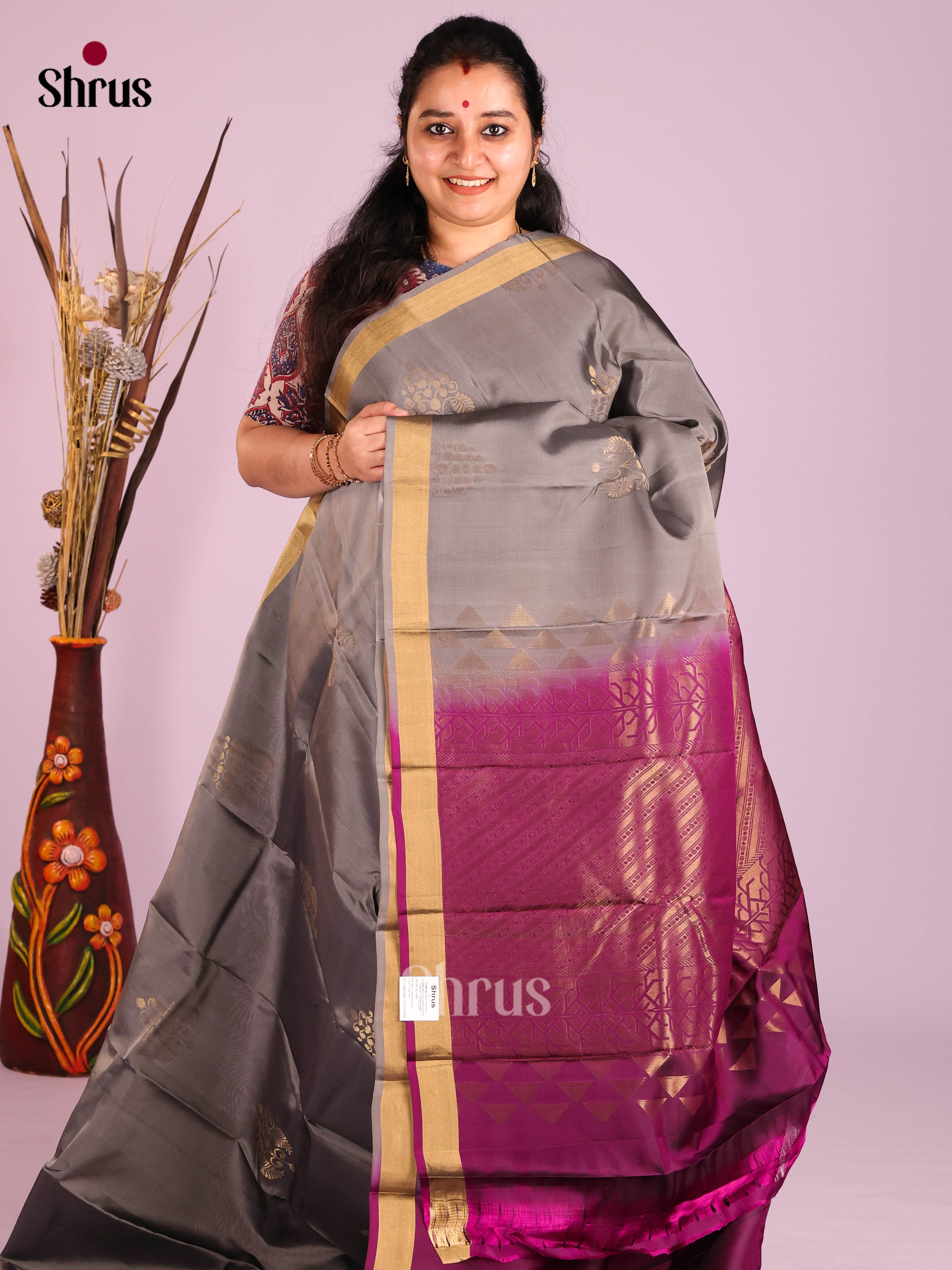 Grey & Purple - Softsilk-halfpure Saree - Shop on Shrus.com