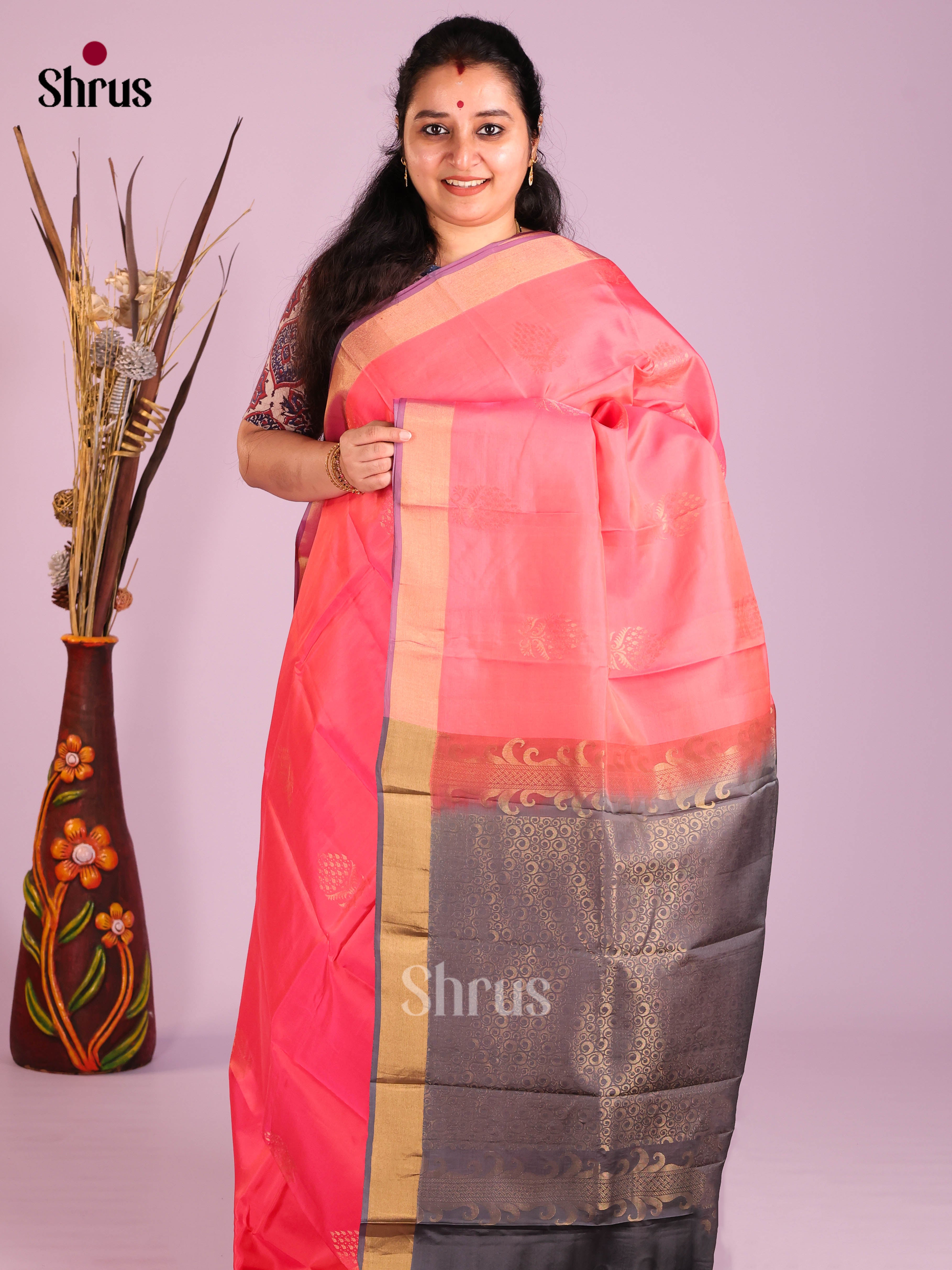 Pink & Grey - Softsilk-halfpure Saree