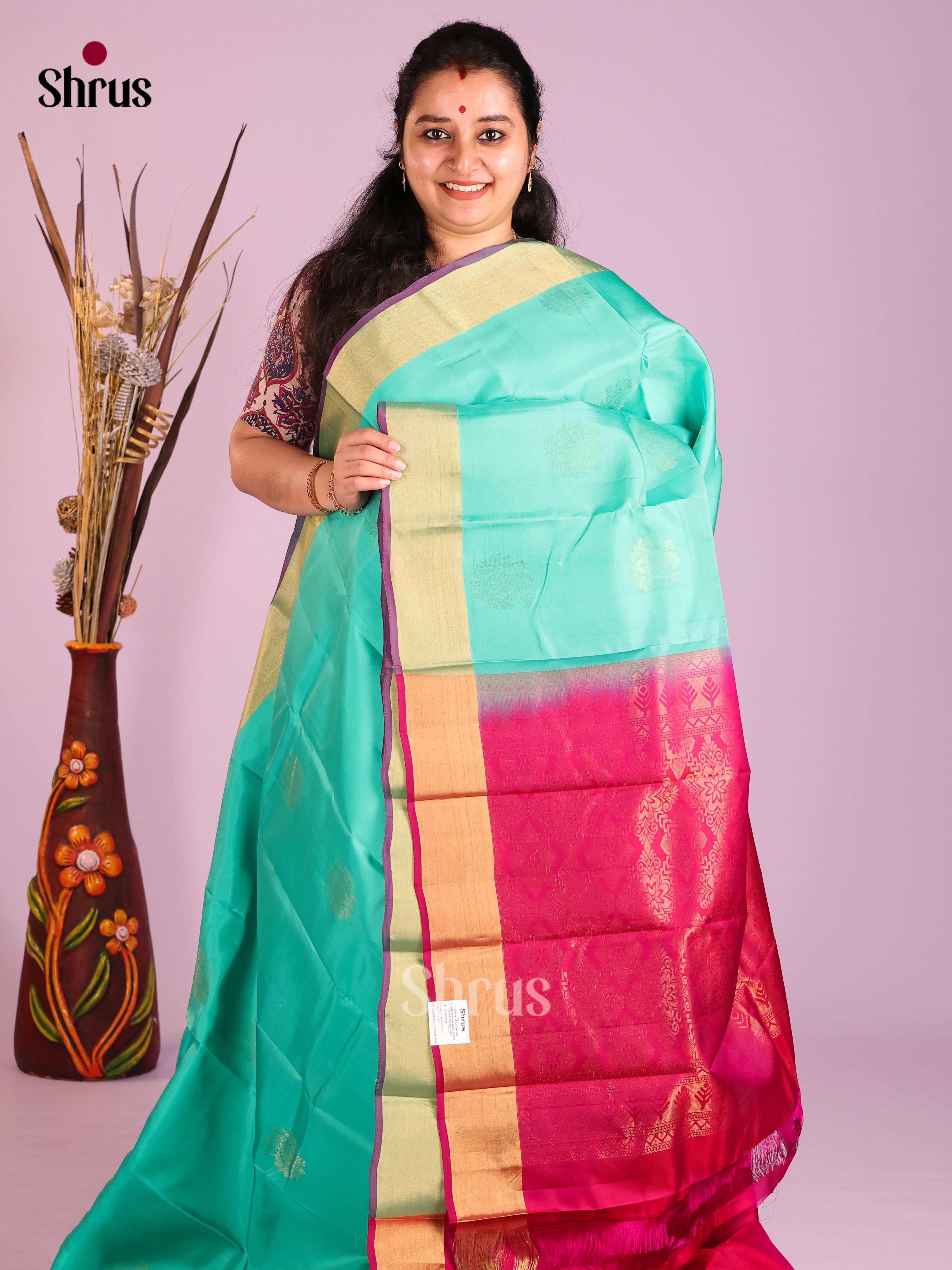 Pastel Blue & Majenta - Softsilk-halfpure Saree