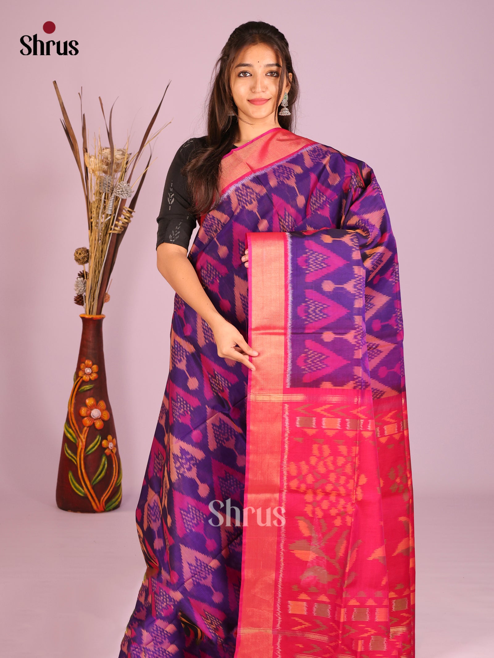 Regal Purple Silk Cotton Saree With Pochampally Pattern & Magenta Ikkat Pallu