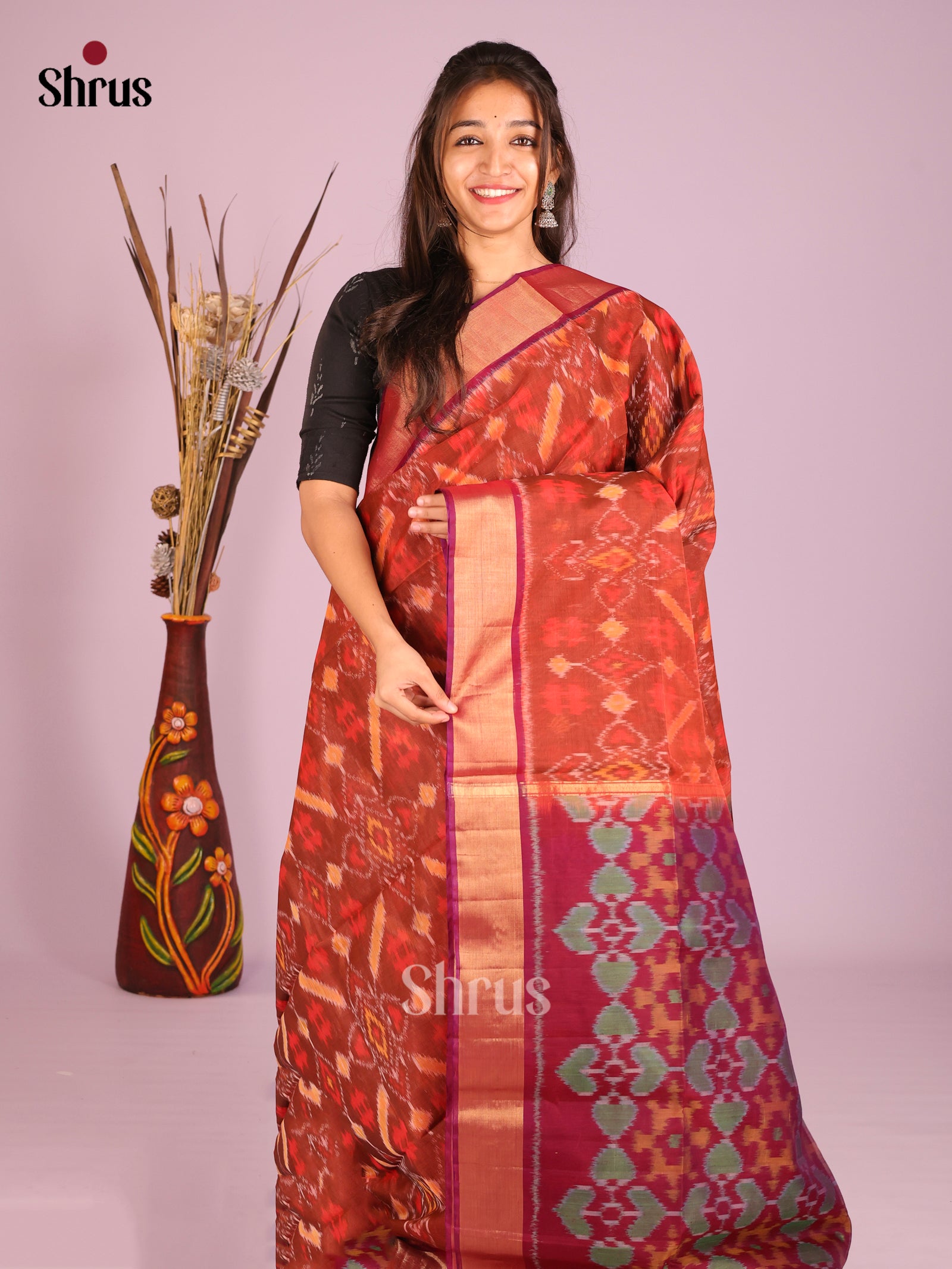 Exquisite Rust Pochampally Silk Cotton Saree with Maroon Zari Border