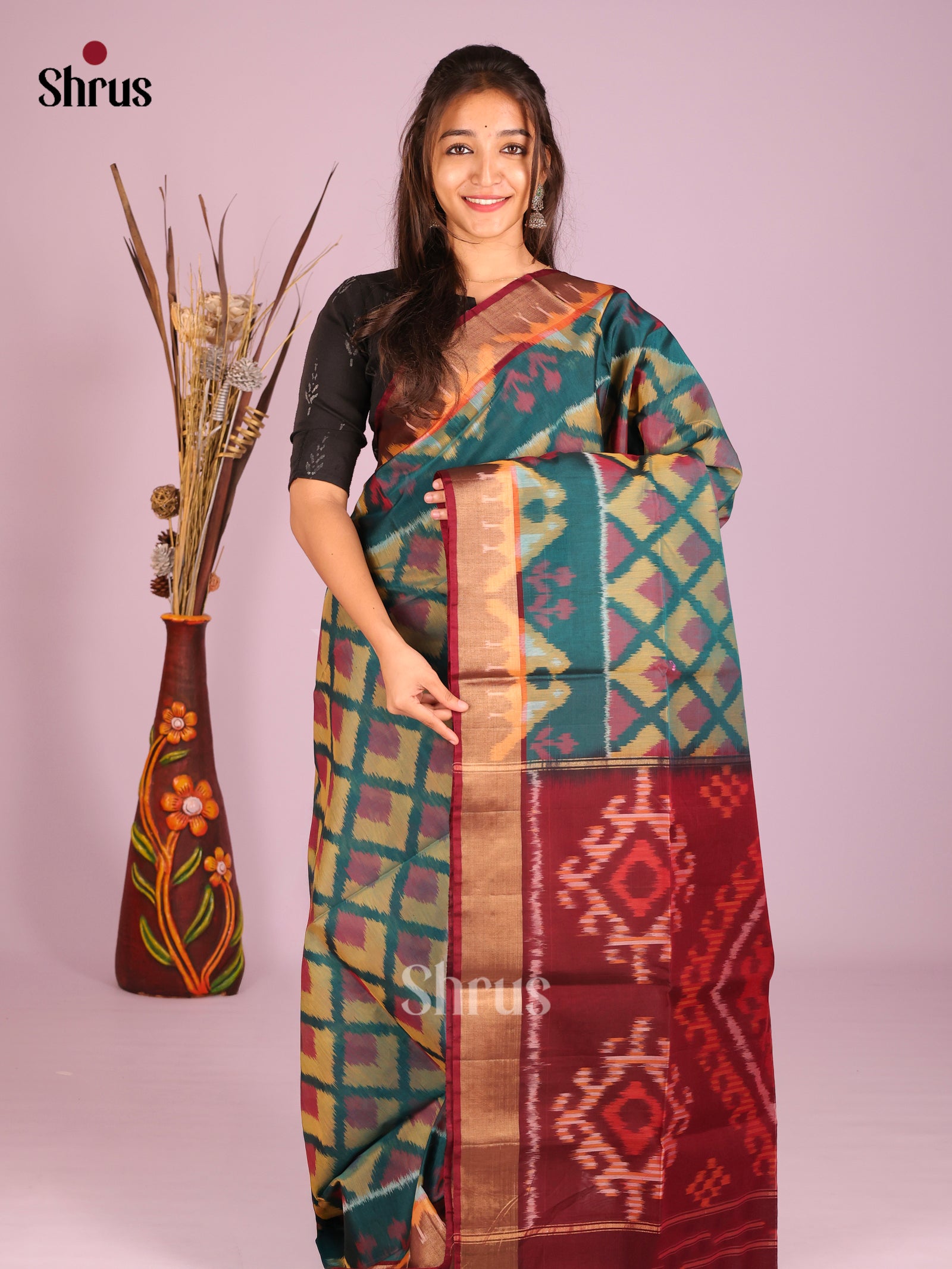 Elegant Teal Silk Cotton Saree With Pochampally Pattern & Maroon Zari Border