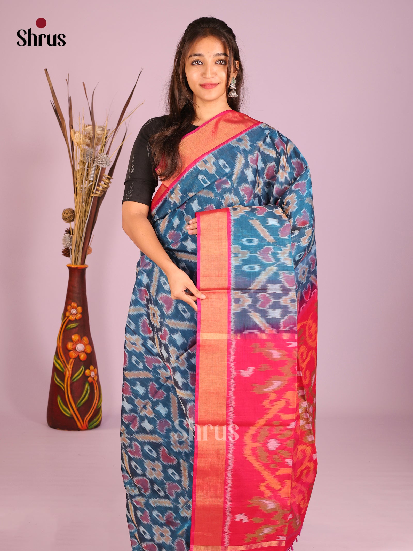 Sophisticated Steel Blue Pochampally Saree In Silk Cotton With pink Zari Border