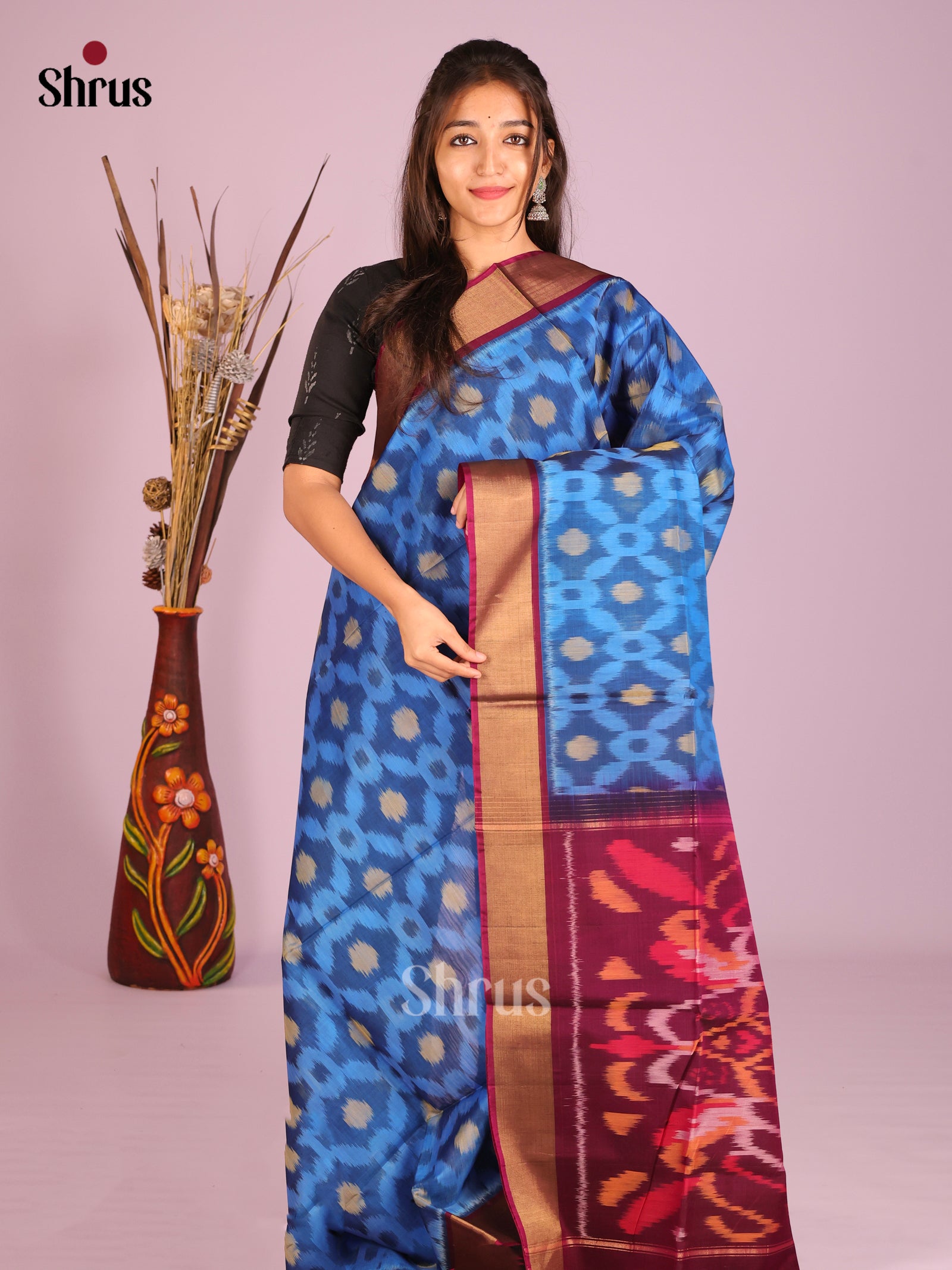 Blue & Maroon - Pochampally sico Saree